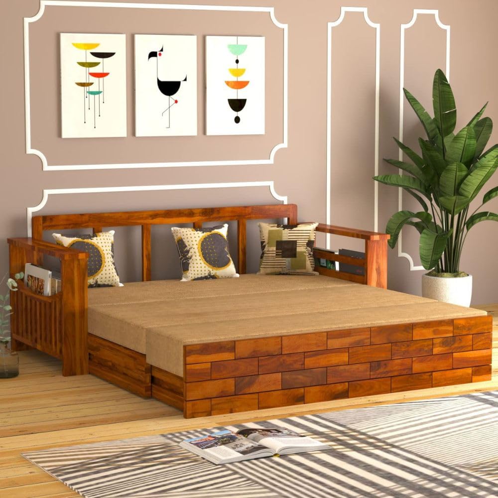 Mamta Furniture Solid Sheesham Wood Sofa Cum Bed Furniture Set with Storage and Cushions for Living Room | Bedroom | Drawing Hall (Teak Finish, Queen) 40 Dencity Foam - Image 2