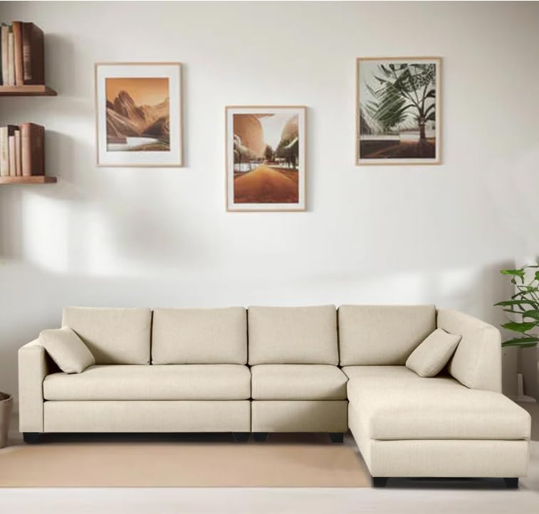 Modern Ceasaro 6 Seater Fabric RHS L Shape Sectional Sofa Set (Cream) - Image 2