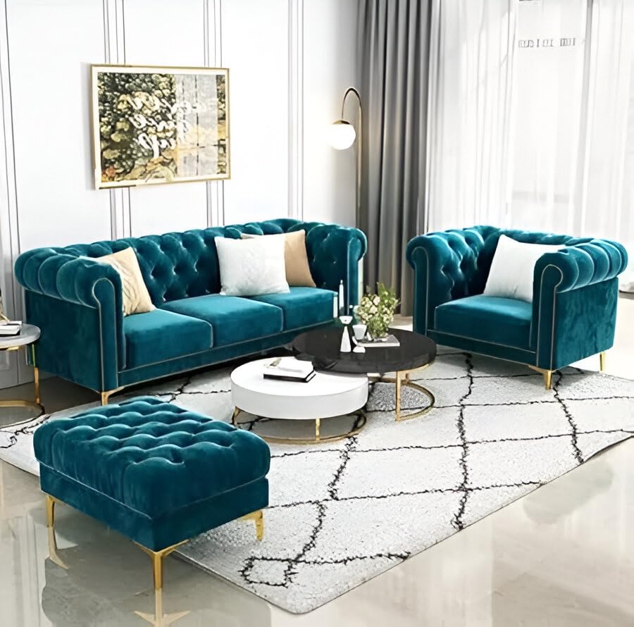 Modern Classic 5 Seater Sofa Couch Fabric & Valvet 3+1+1Foootrest Tufted Chesterfield Sofa Living Room and Office (Teal Green) - Image 2