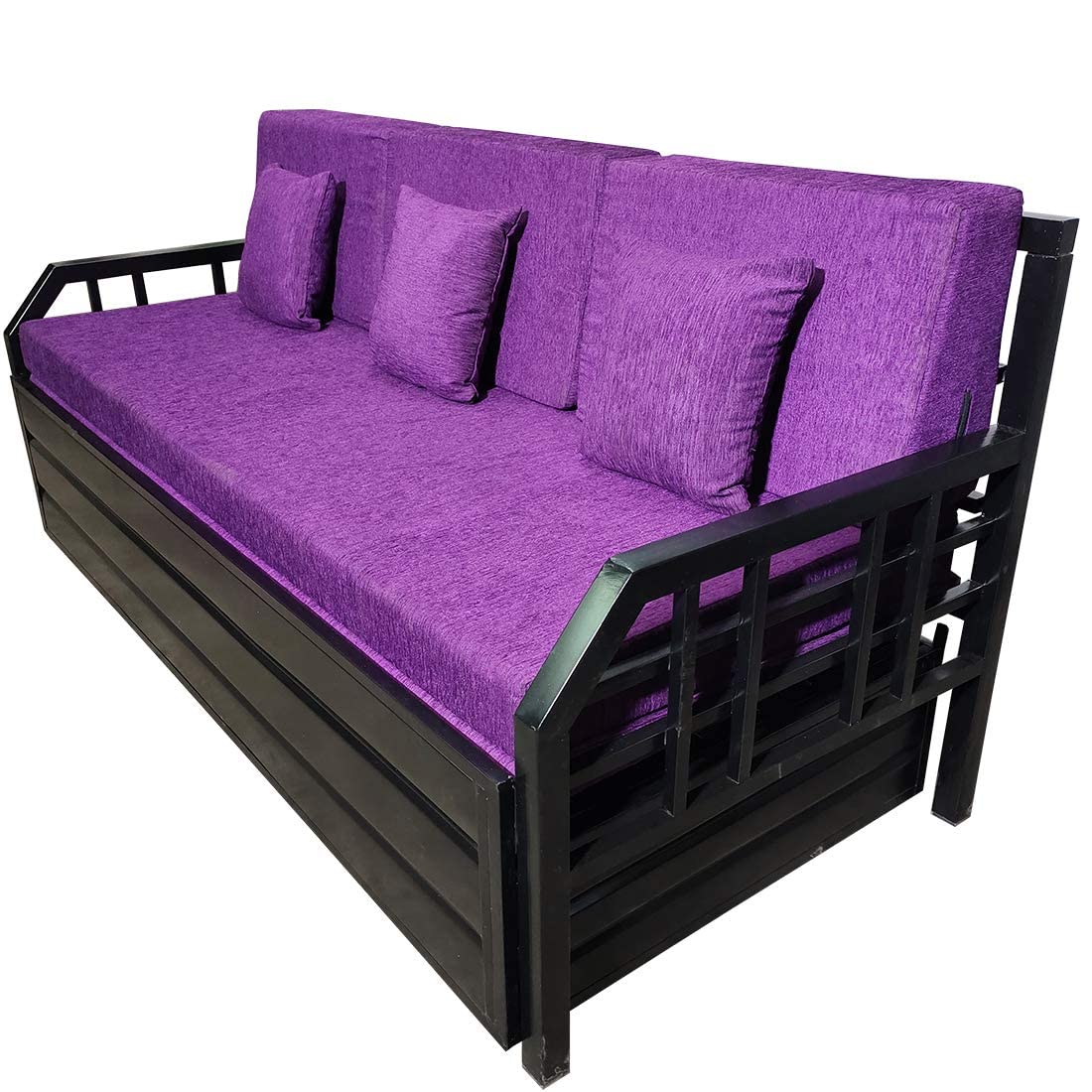 Modern King Size Matte Black Metal Sofa Cum Bed with Hydraulic Storage - 3 Seater, Purple Finish (6X6) - Image 2