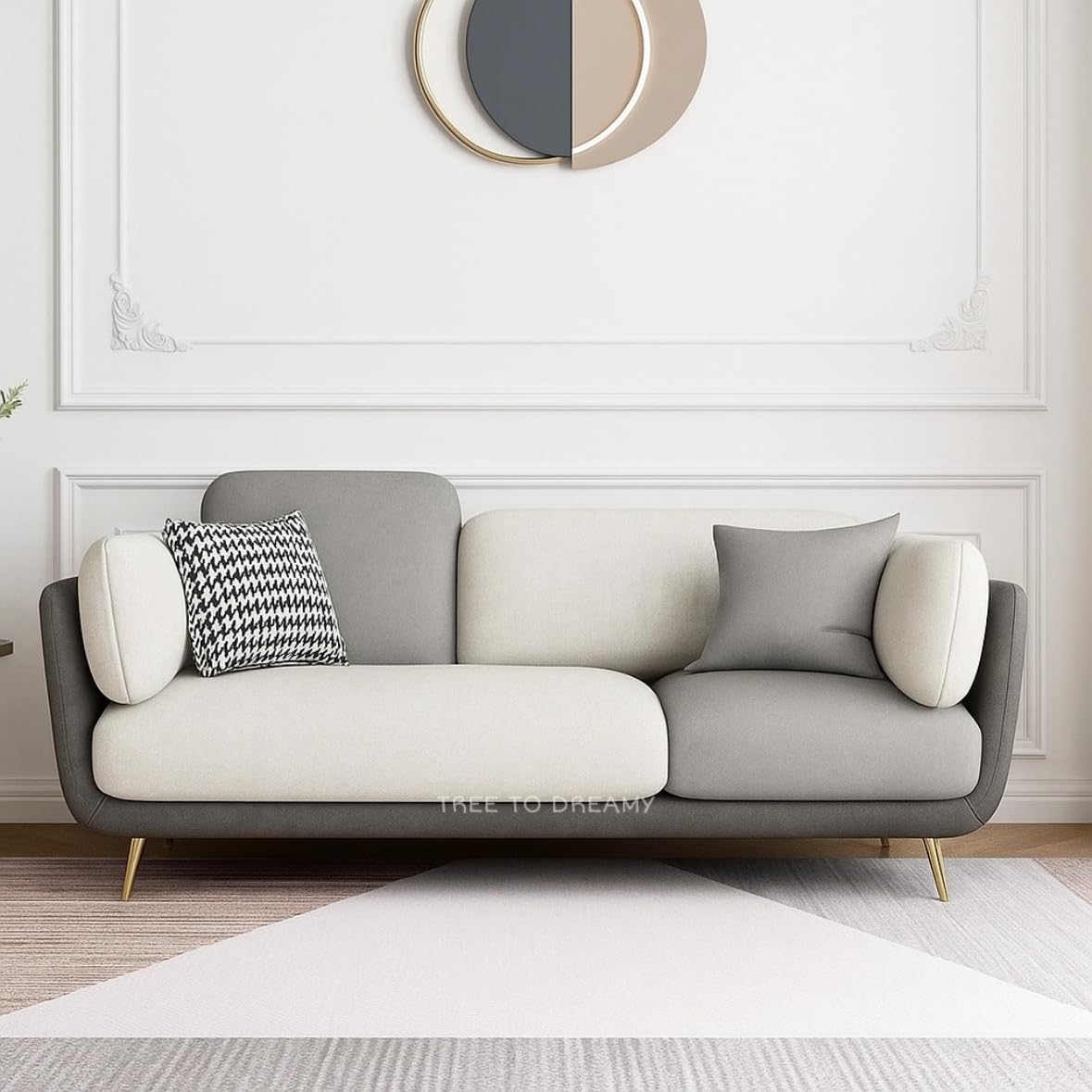 Modern Luxury Velvet Contemperory Sofa Couch with Cushion Stylish Design Sofa for Your Living Room, Bedroom, Hall, Office (Grey & Off-White) - Image 2