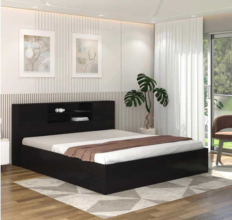 Modern Queen Platform Bed Frame with Storage Headboard and Shelves, Black. (King) - Image 2