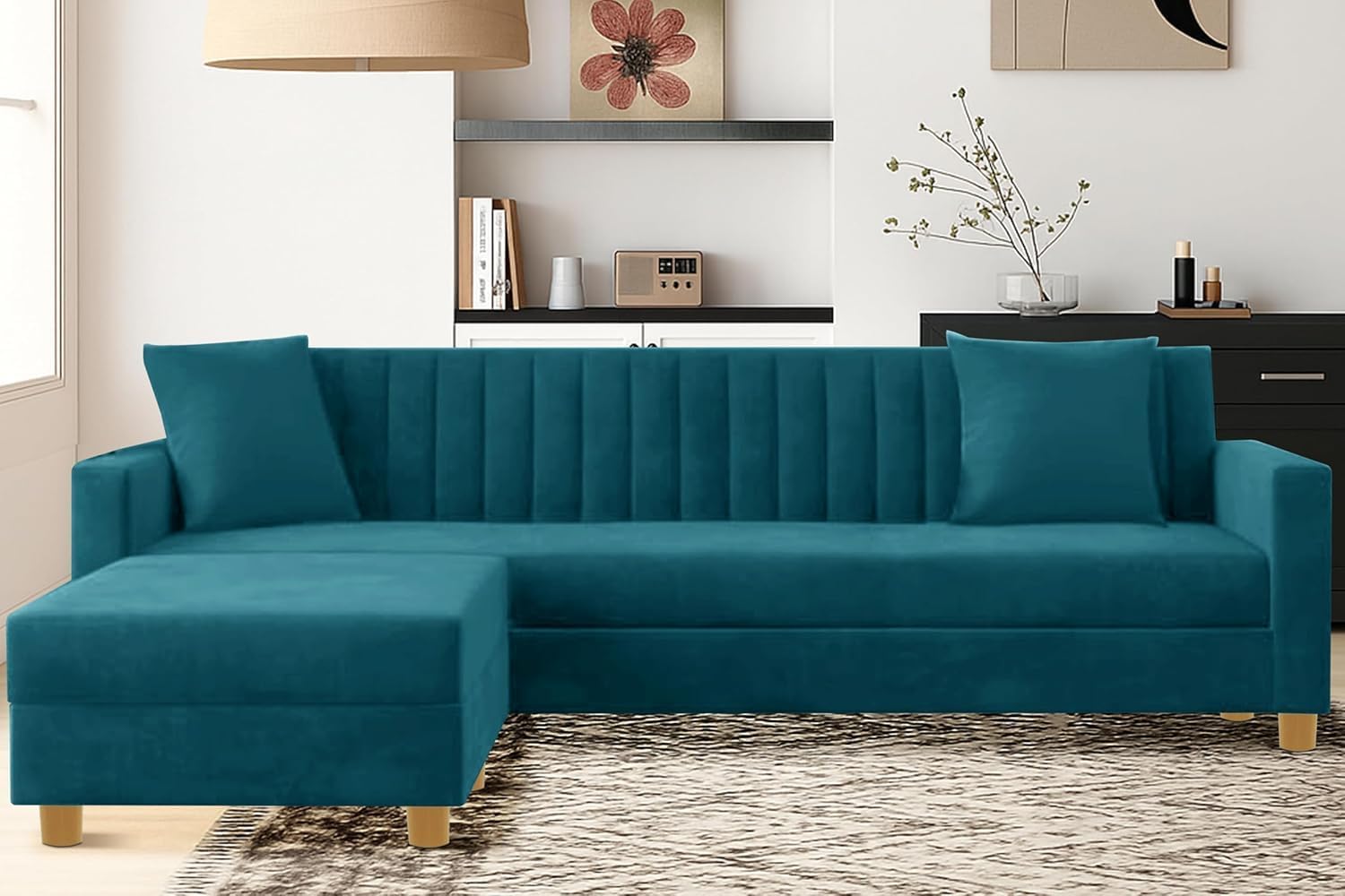 Modern Velvet L-Shaped Sectional Sofa | Right-Hand 4-Seater Couch with Tufted Back for Living Room, Office & Guests – Green - Image 2