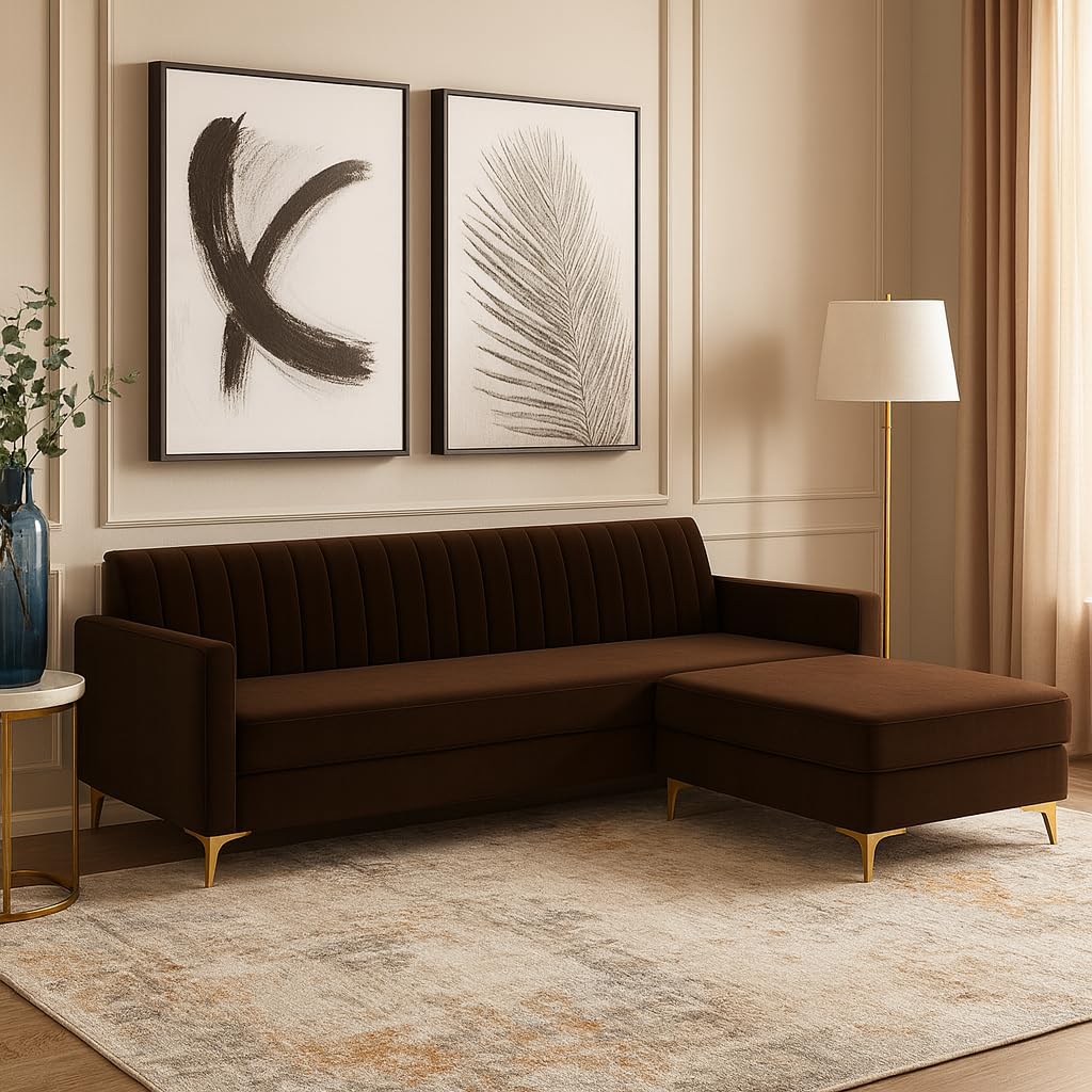 Morello 3 Seater Modular L Shape Sofa Set with Ottoman | Soft Velvet Suede Fabric | Modern Design | Plush Comfort Cushions for Living Room (Dark Brown) - Image 2