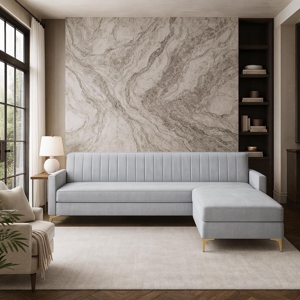 Morello 3 Seater Modular L Shape Sofa Set with Ottoman | Soft Velvet Suede Fabric | Modern Design | Plush Comfort Cushions for Living Room (Light Grey) - Image 2