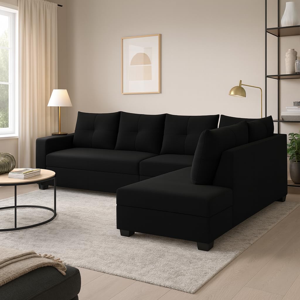 Oriana 6 Seater RHS L Shape Sofa Set | Soft Velvet Suede Fabric | Modern Design | Plush Comfort Cushions for Living Room (Black) - Image 2