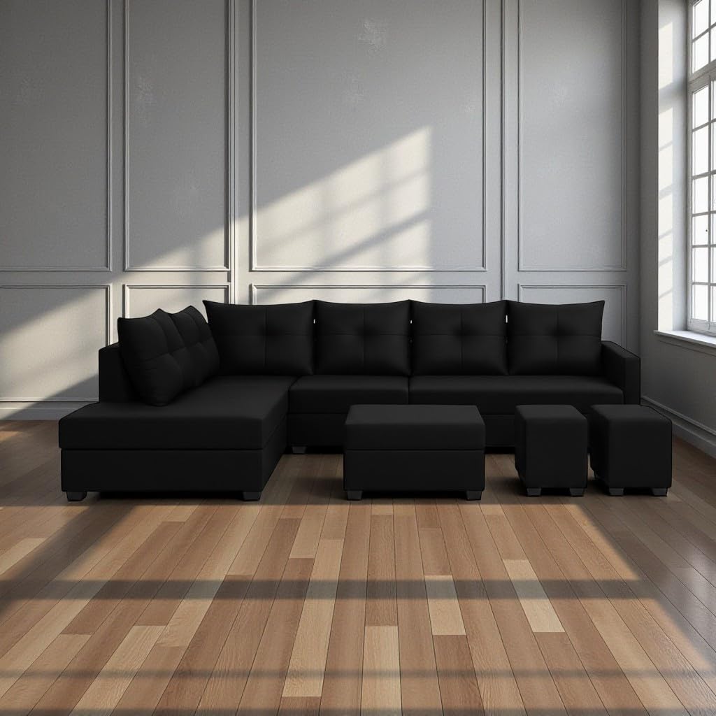 Oriana 8 Seater LHS L Shape Sofa Set | Velvet Suede Fabric L Shape Sofa for Livingroom with 2 Ottoman & Centre Table | (Black) - Image 2