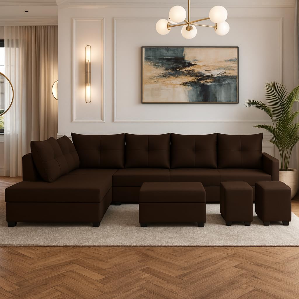 Oriana 8 Seater LHS L Shape Sofa Set | Velvet Suede Fabric L Shape Sofa for Livingroom with 2 Ottoman & Centre Table | (Dark Brown) - Image 2