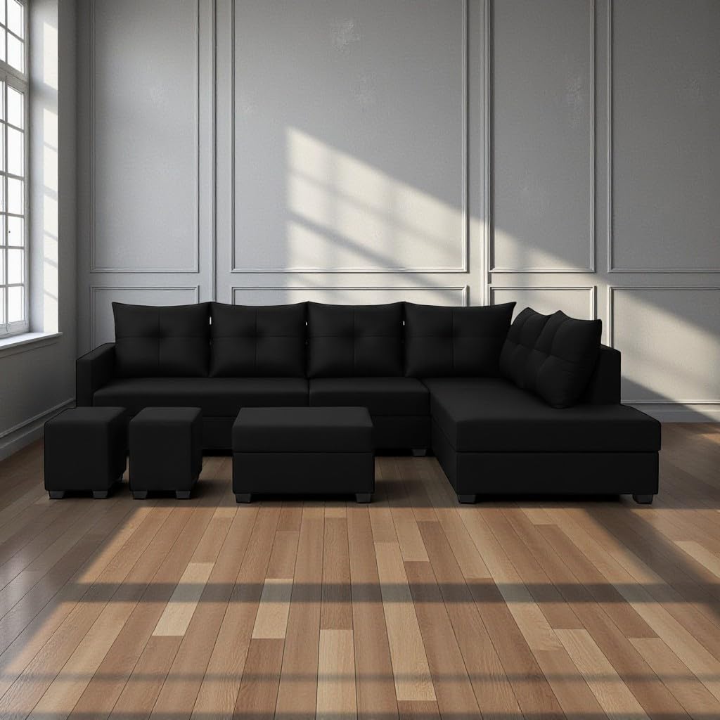 Oriana 8 Seater RHS L Shape Sofa Set | Velvet Suede Fabric L Shape Sofa for Livingroom with 2 Ottoman & Centre Table (Black) - Image 2