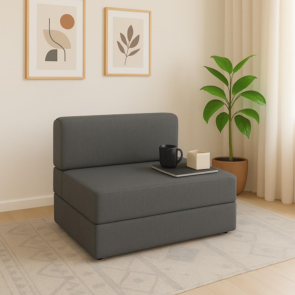 PUM PUM 2 Seater Sofa Cum Bed | EPE Foam Foldable Couch with Washable Cover | 36 Inch Width Compact Sleeper for Home & Guest Room,Grey - Image 2