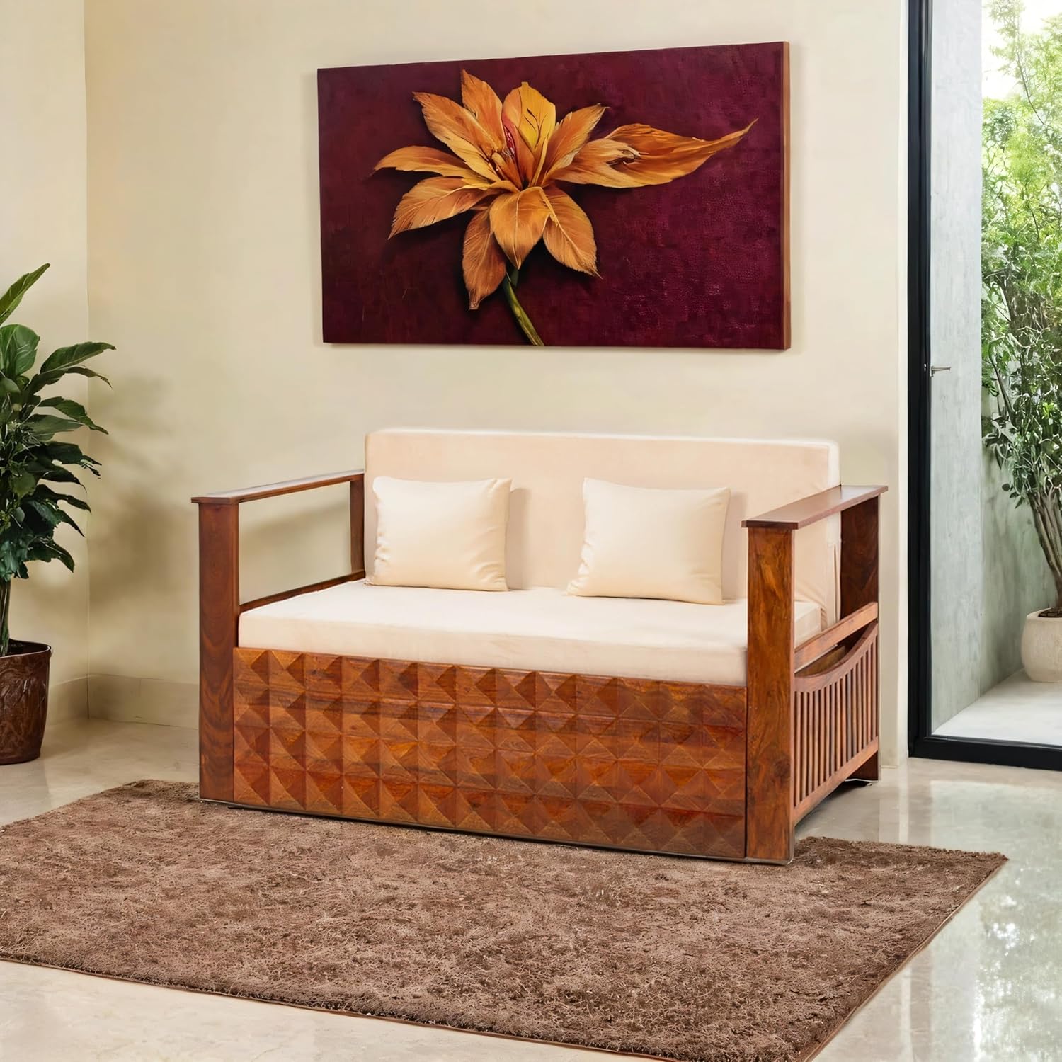 Peachtree Kaya Sofa Cum Bed 6.5 x 5 Feet for Living Room | 3 Years Warranty Foldable Sofa Cum Bed 3 Seater | Mango Wood Frame with Velvet Fabric Sofa with Wooden Armstyle - Image 2
