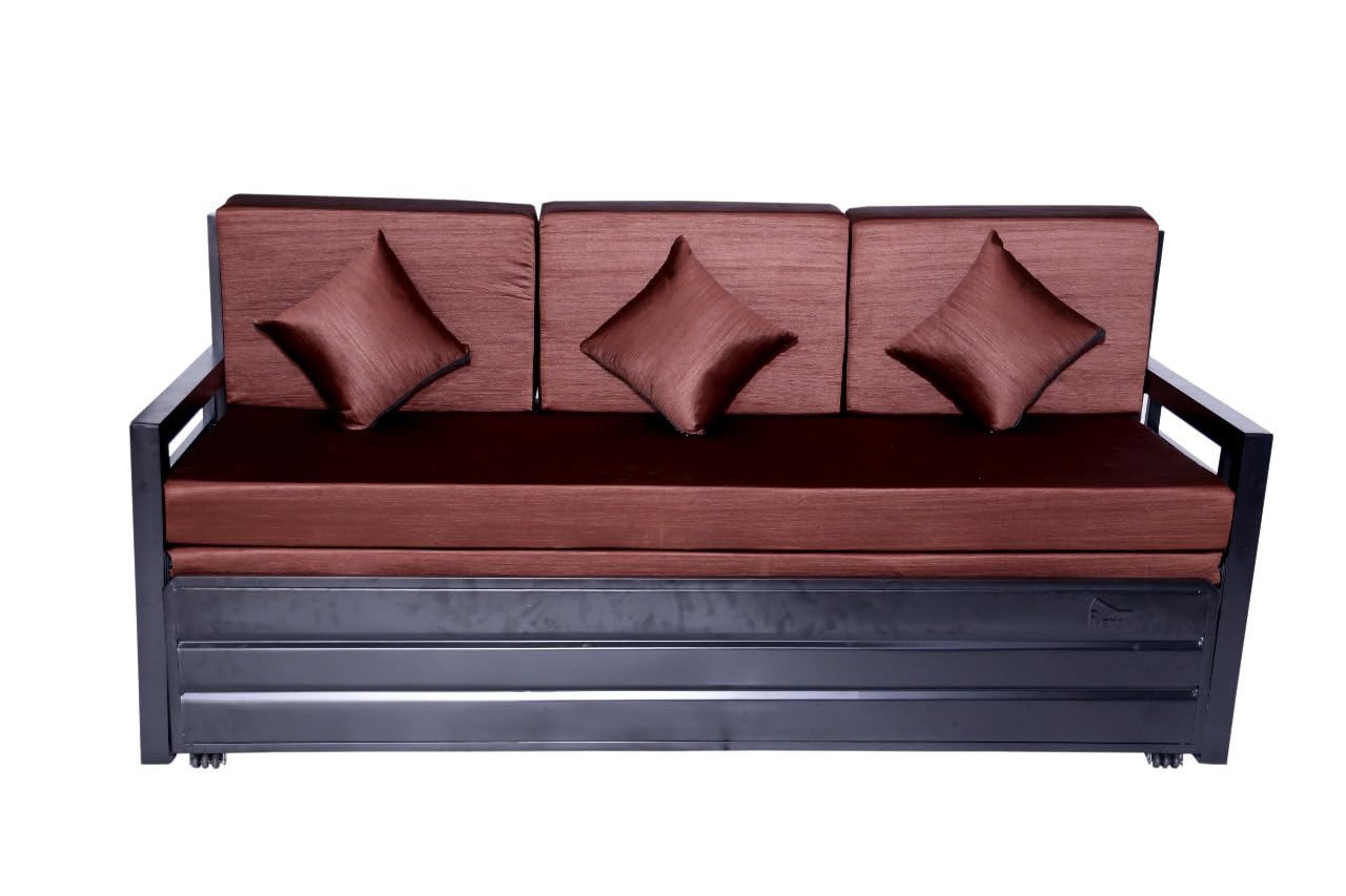 Queen Size Metal Sofa Cum Bed | Convertible 3-Seater with Foldable Design & Brown Cushion Mattress | Matte Black Frame | Durable & Space-Saving Furniture for Home (75x60 Inch) - Image 2