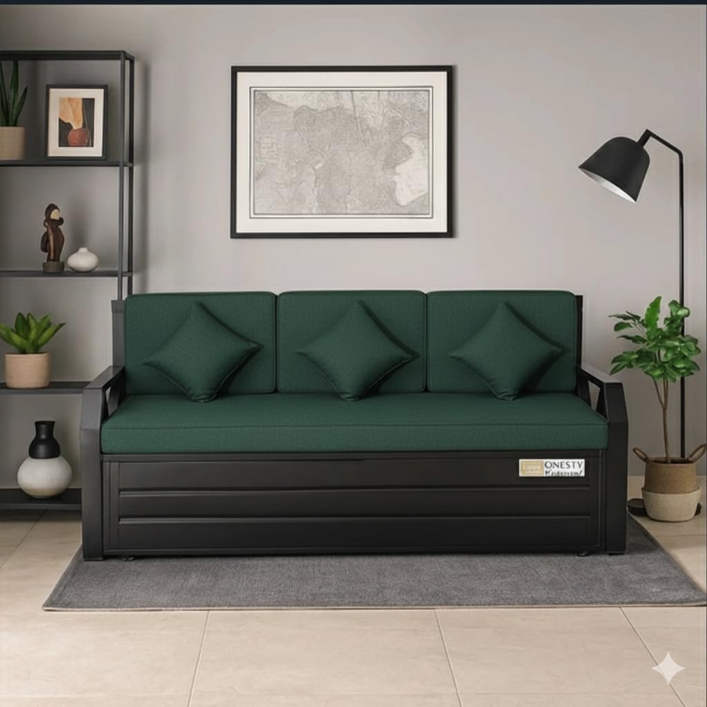 RegalRest Sofa Cum Bed Single Size Dark Green | Space-Saving Wooden Sofa Bed with Cushions | Modern Home Furniture | Multi-Functional Design - Image 2