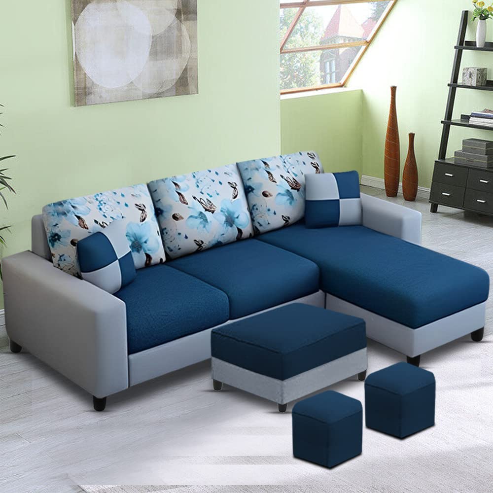 Rolando RHS 4 Seater L Shape Sofa with 2 Puffy Set for Living Room | Premium Fabric Sofa Set (4S RHS - Ottoman, Blue Grey) - Image 2