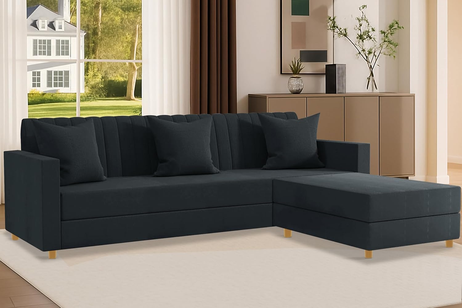 Rosebell 3 + 1 Wooden 4 Seater L Shape Velvet Sofa Set | Convertible Modular Sectional Couch for Living Room | Space-Saving Design for Home & Office - Black Color - Image 2