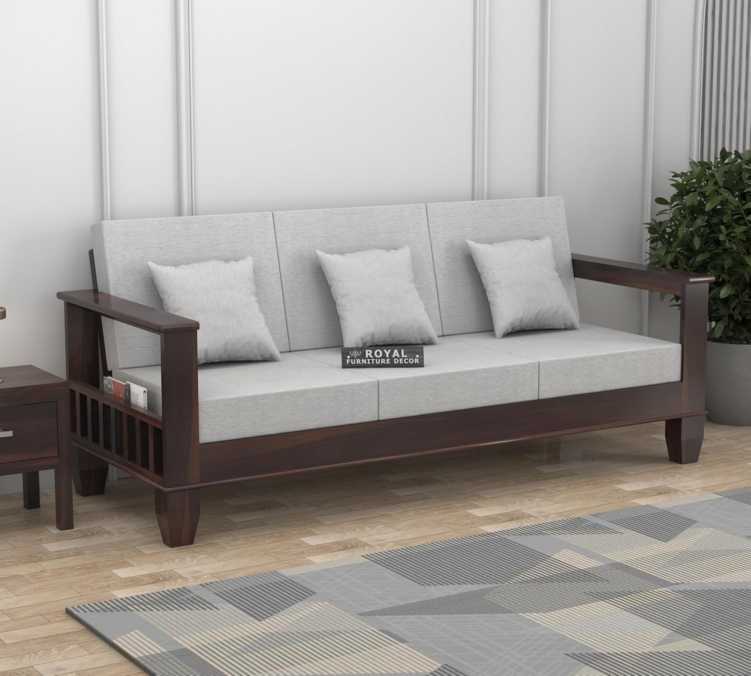 Royal Furniture Decor Sheesham Wooden 3 Seater Sofa for Living Room | Rosewood Cushion Sofa with Side Newspaper Holder for Home & Office | Lounge (Walnut, 3 Seater) - Image 2