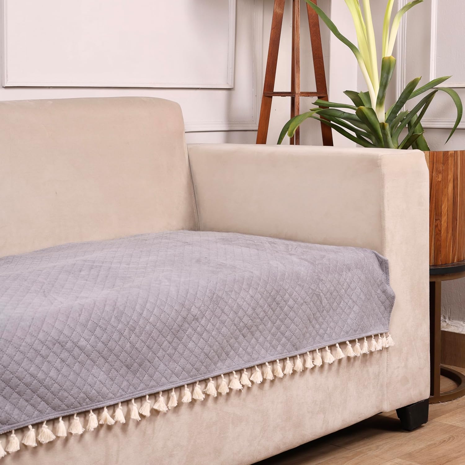 STITCHNEST 4 Seater Quilted Velvet Sofa Cover with Tassels | Elegant Grey Sofa Protector for Living Room | Soft, Washable | Perfect for Enhancing Living Room Interiors - Image 2