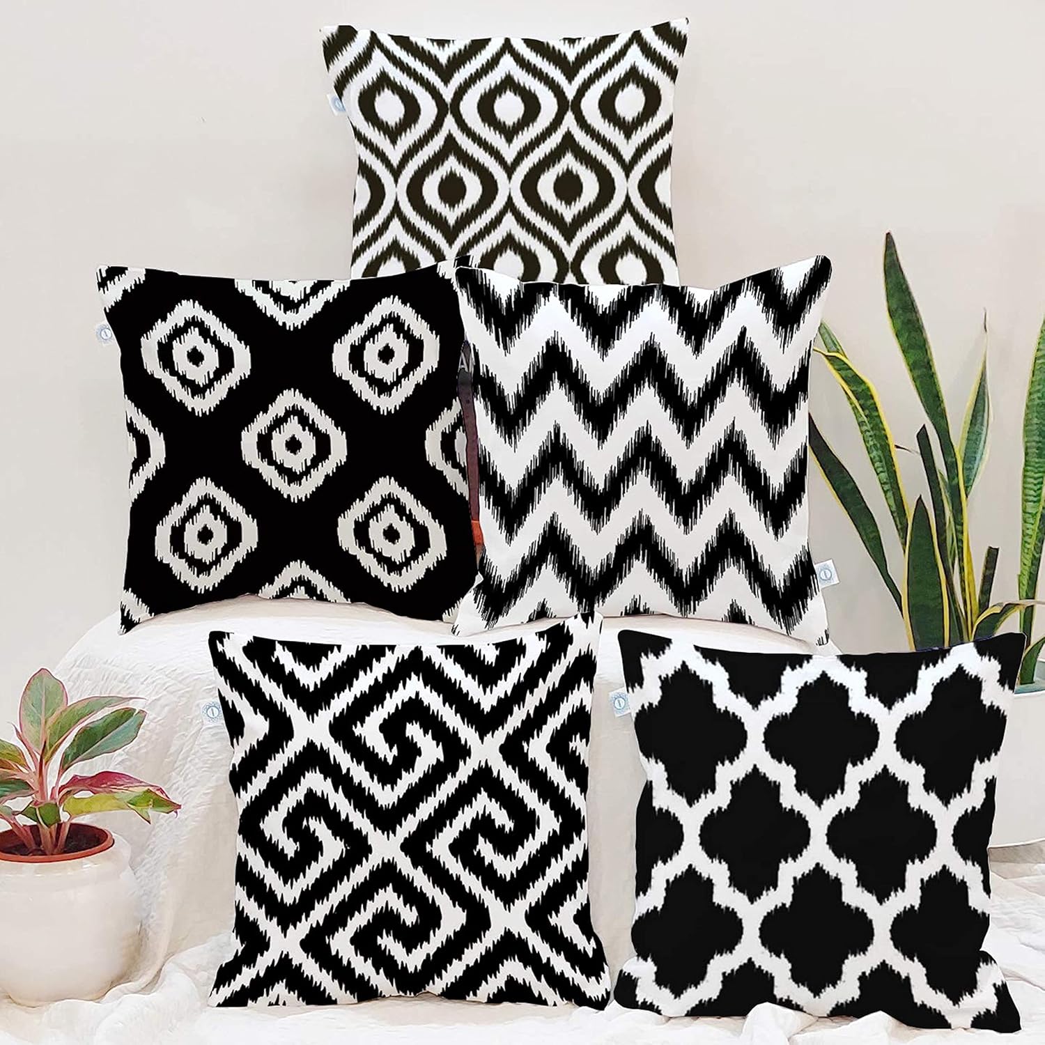 STITCHNEST Set of 5 Polycotton Cushion Covers – 16x16 Inches – Black & White Ikat Geometric Print – Elegant Cushion Covers for Sofa & Living Room Decor - Image 2