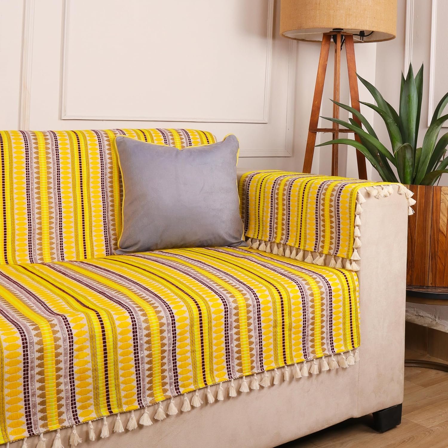 STITCHNEST Woven 1 Seater Sofa Protector with 2 Hand Rest Covers – Yellow & White Stripe Design – Washable Fabric with Tassels – Stylish Sofa Cover for Modern Living Room & Furniture Décor - Image 2