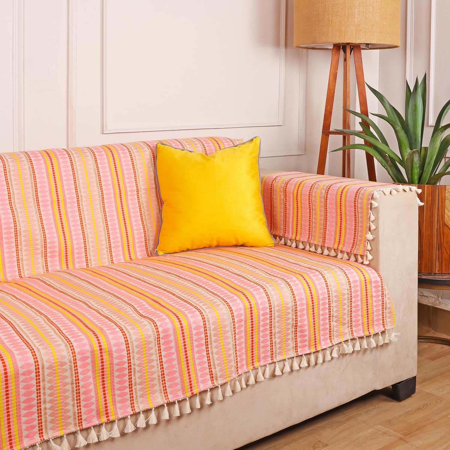 STITCHNEST Woven 3 Seater Sofa Protector with 2 Hand Rest Covers – Pink & White Stripe Design – Washable Fabric with Tassels – Stylish Sofa Cover for Modern Living Room & Furniture Décor - Image 2