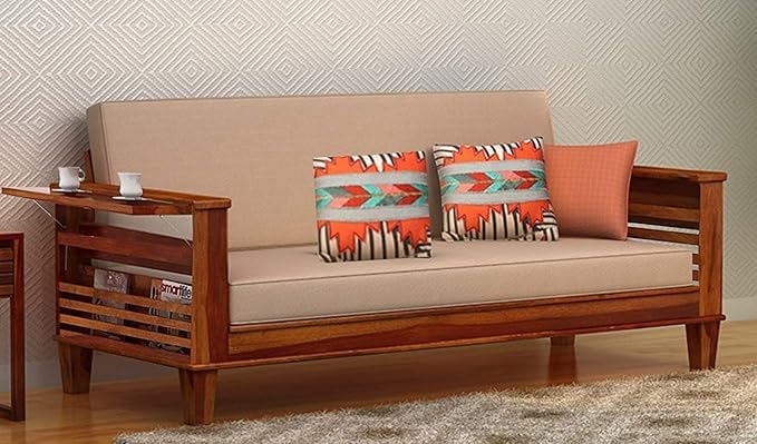 STRATA FURNITURE Sheesham Wood 3 Seater Sofa Set for Living Room Office Home Wooden Sofa Cum Bed with Side Magzine Newspaper Holder (Honey Finish) - Image 2