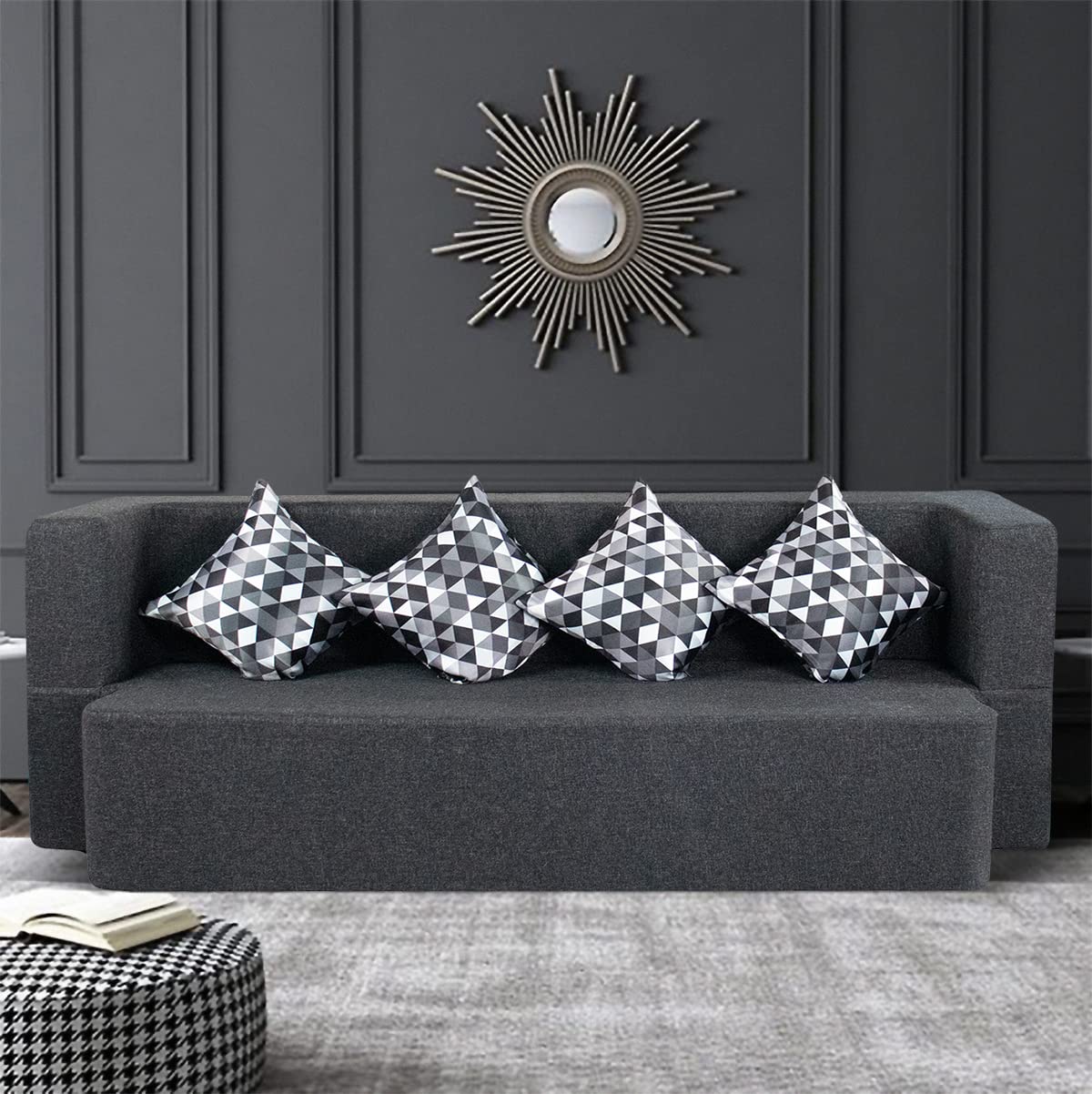 Seventh Heaven 4 Seater Sofa Cum Bed 78x44x14 inch Jute Fabric with 4 Cushions 4 Seater Double Foam Pull Out Sofa Cum Bed (Finish Color - Grey Delivery Condition - Pre-Assembled) - Image 2