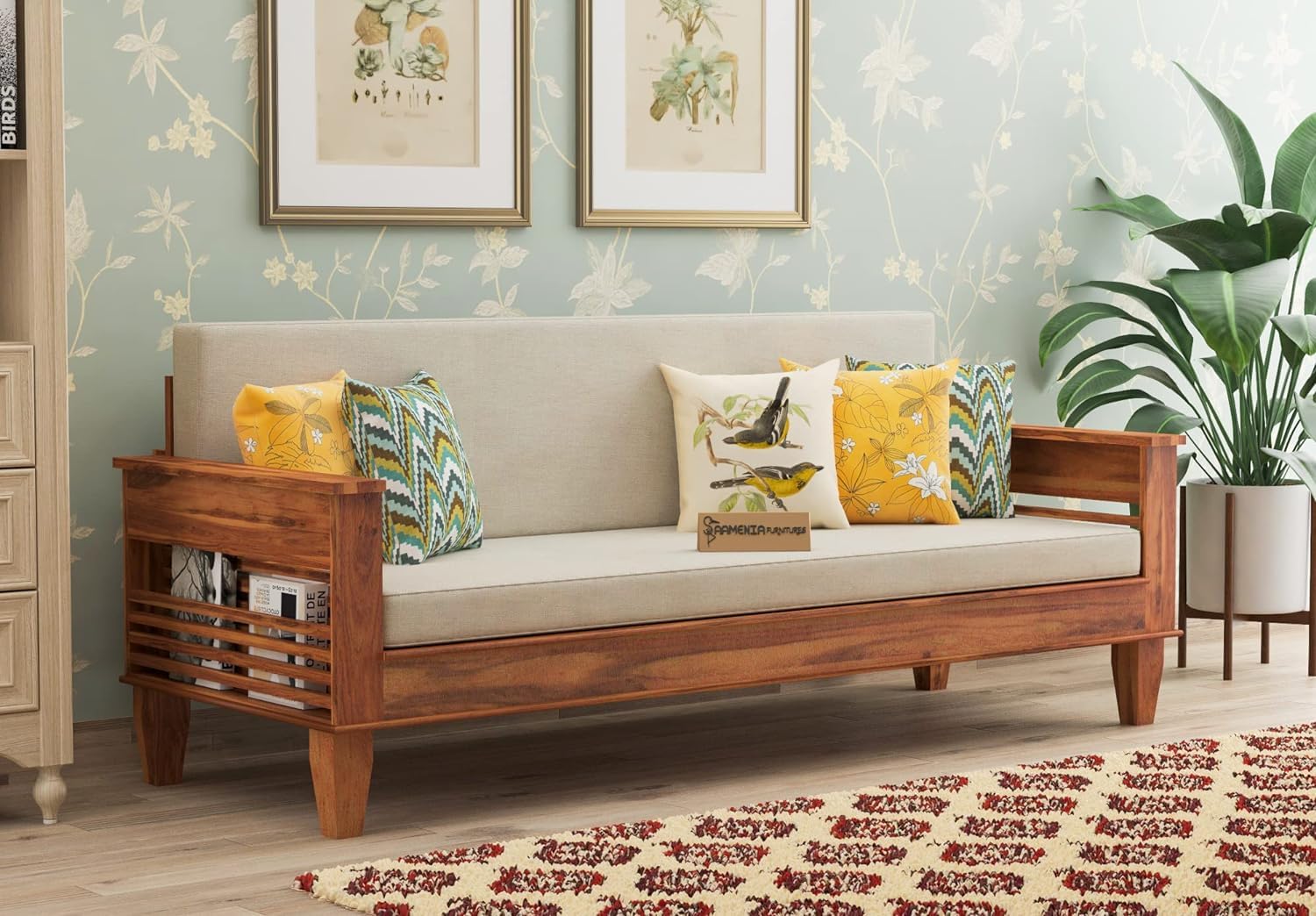 Sheesham Wood 3 Seater Sheesham Wood Honey Finish Sofa Cum Bed for Living Room (Natural Teak Finish) - Image 2