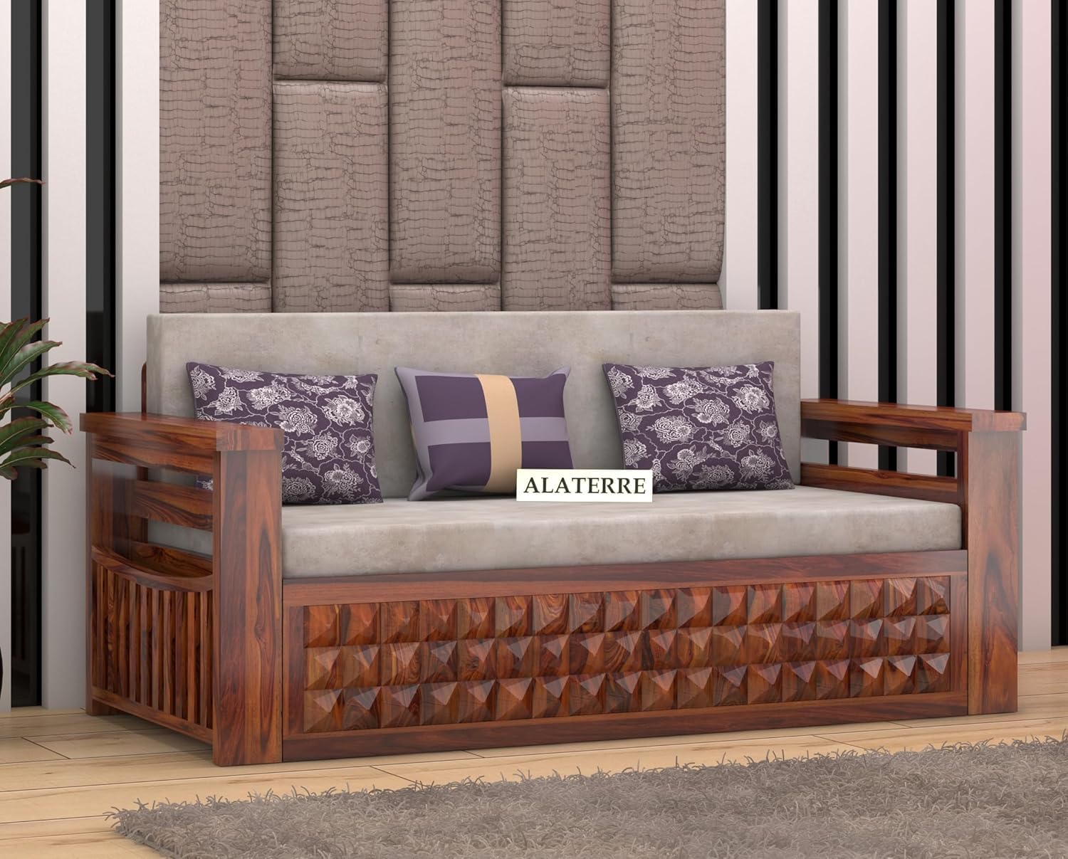 Sheesham Wood 3 Seater Sofa Cum Bed for Home || Wooden Sofa Cum Bed for Living Room || Comfort Folding Dubole Bed with Storage Armrest, Home,Office,Guest Room Furniture || 3Seater Honey Finish - Image 2