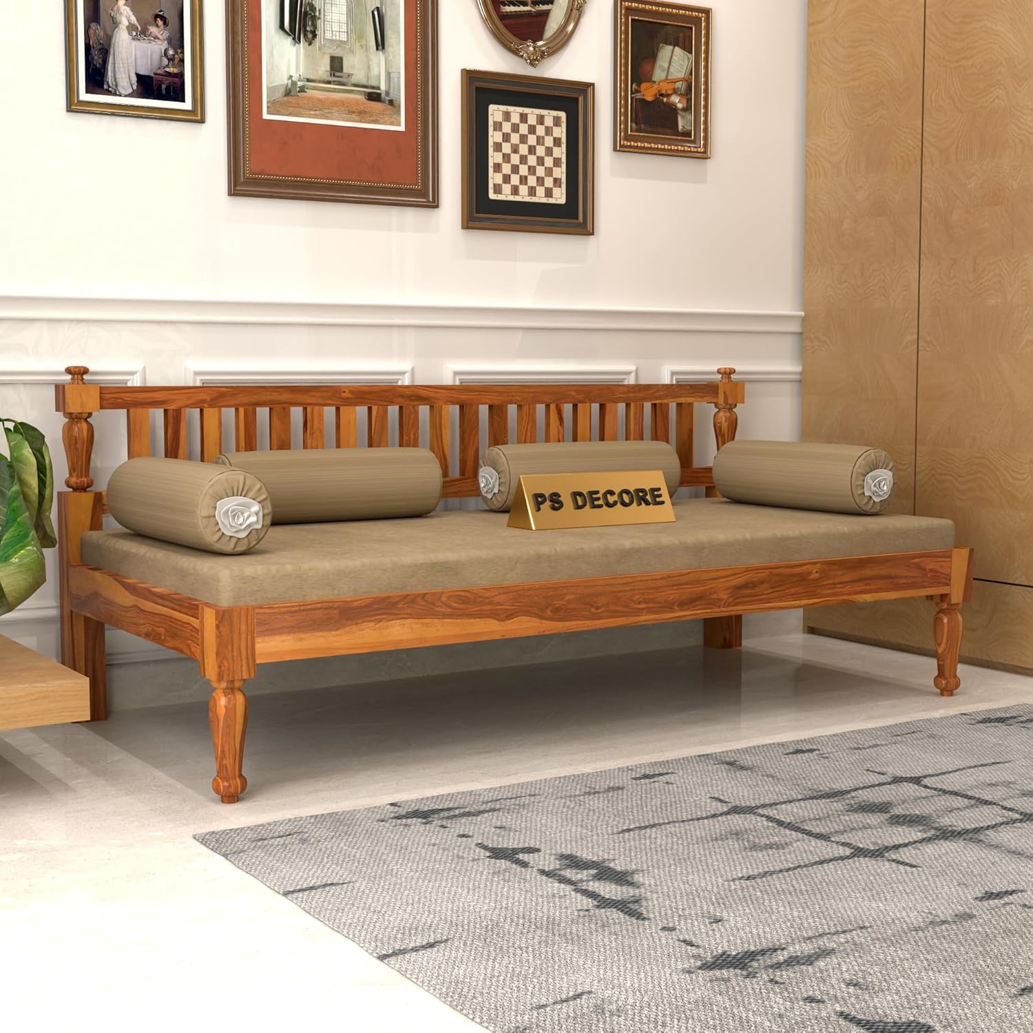 Sheesham Wood Sofa 3 Seater Sofa Cums Diwan Bed Included mattres Without Pillow for Home Living Room Diwan Sofa Settee for Living Room and Office | Three 3 Seater Sofa (Teak Finish) - Image 2