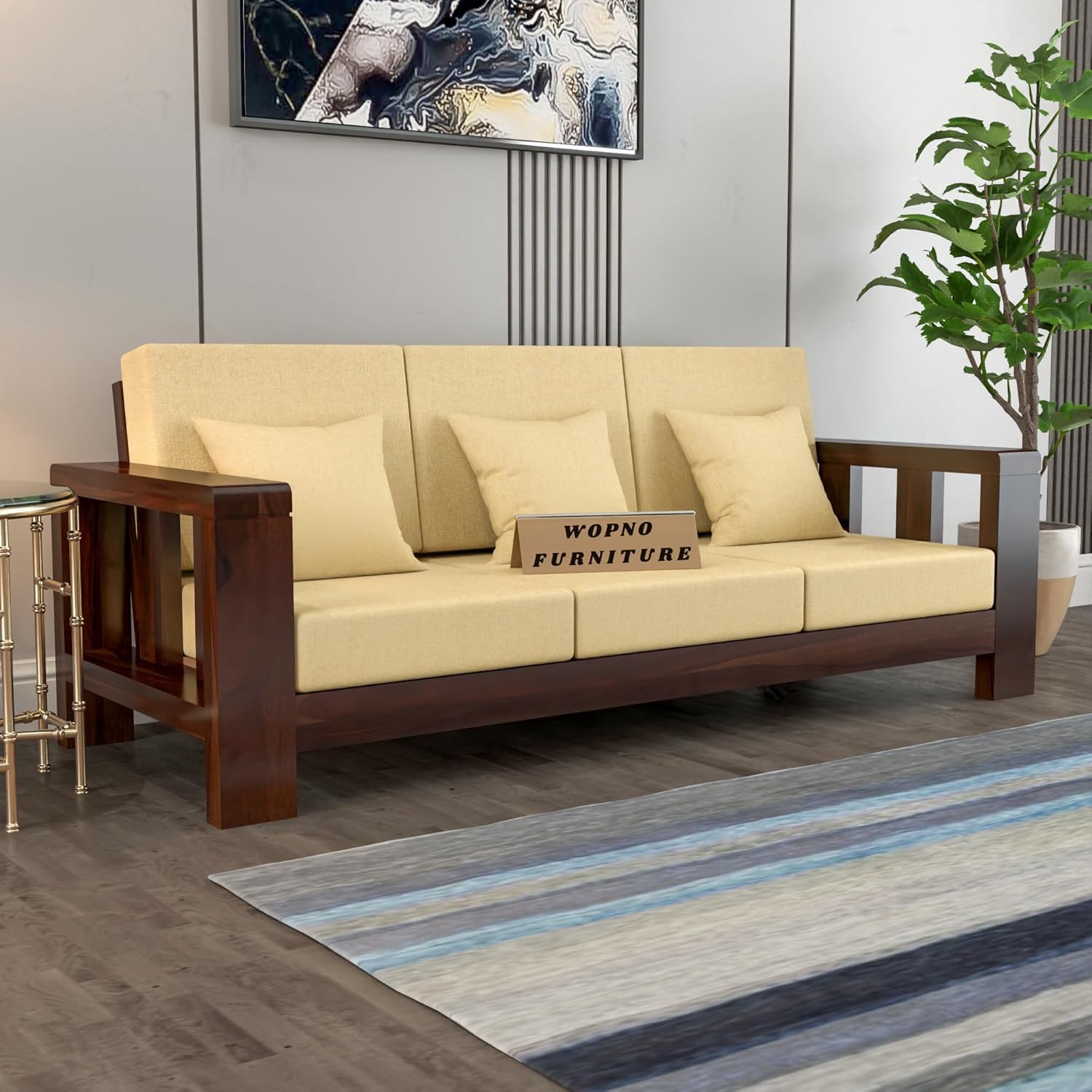 Sheesham Wooden 3 Seater Sofa for Living Room | Solid Wood Sofa | Rosewood Sofa Set for Home & Office | Lounge (Walnut, 3 Seater) - Image 2