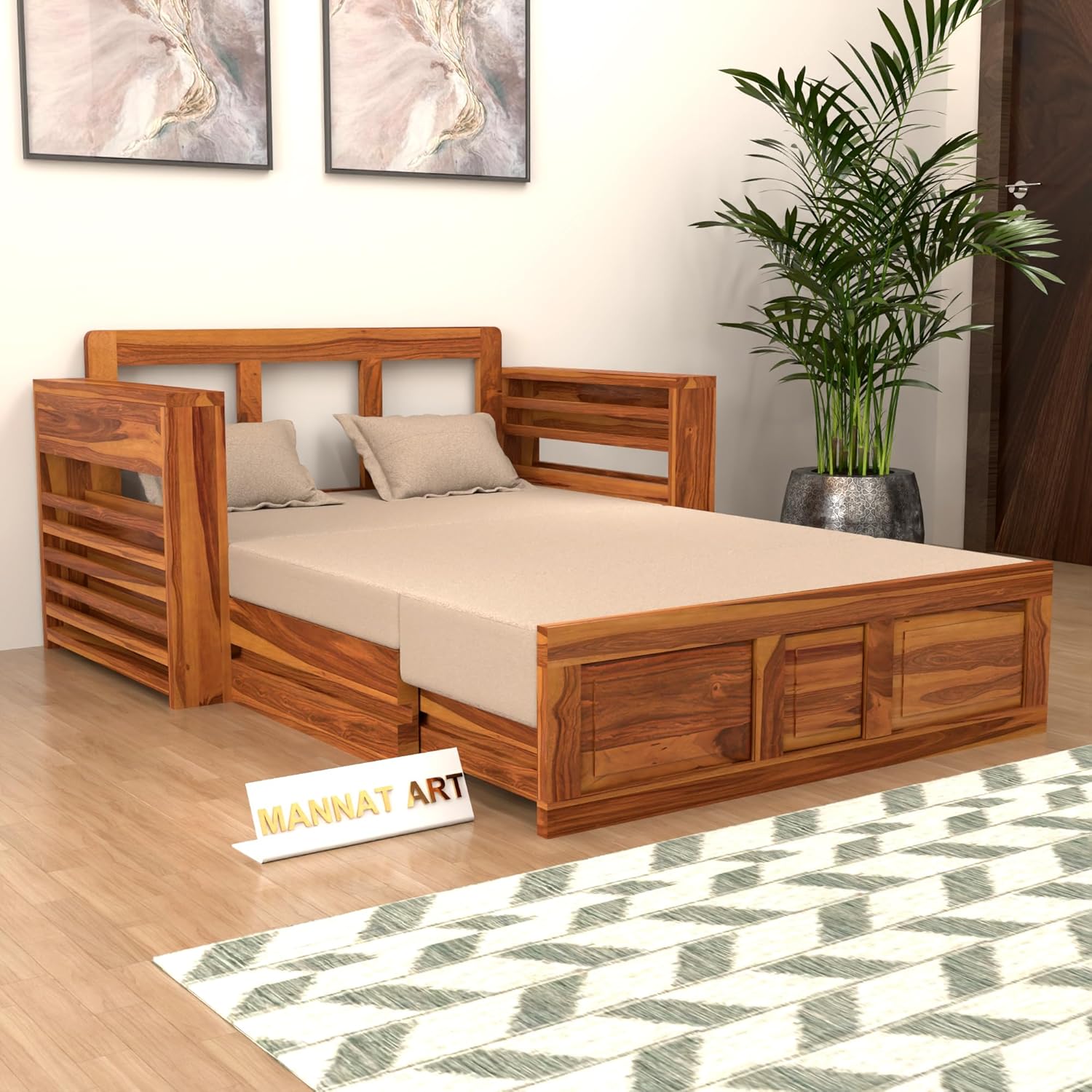 Sheesham Wooden Sofa Cum Bed for Living Room with Side Pocket Storage - 2 Person Sofa Cum Bed Wooden Furniture for Home with Cushion Seating (Design 11) - Image 2