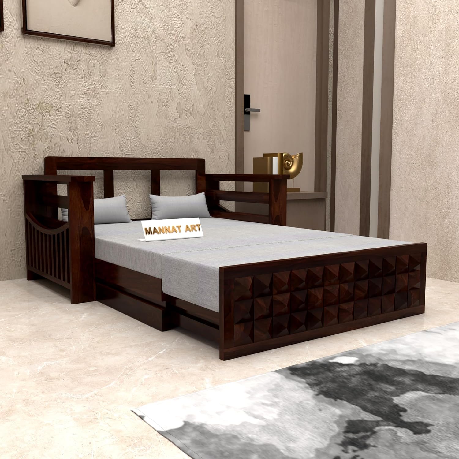 Sheesham Wooden Sofa Cum Bed for Living Room with Side Pocket Storage - 2 Seater Sofa Cum Bed with Storage - 2 Person Sofa Cum Bed Wooden Furniture with Premium Cushion Seating (Design 5) - Image 2