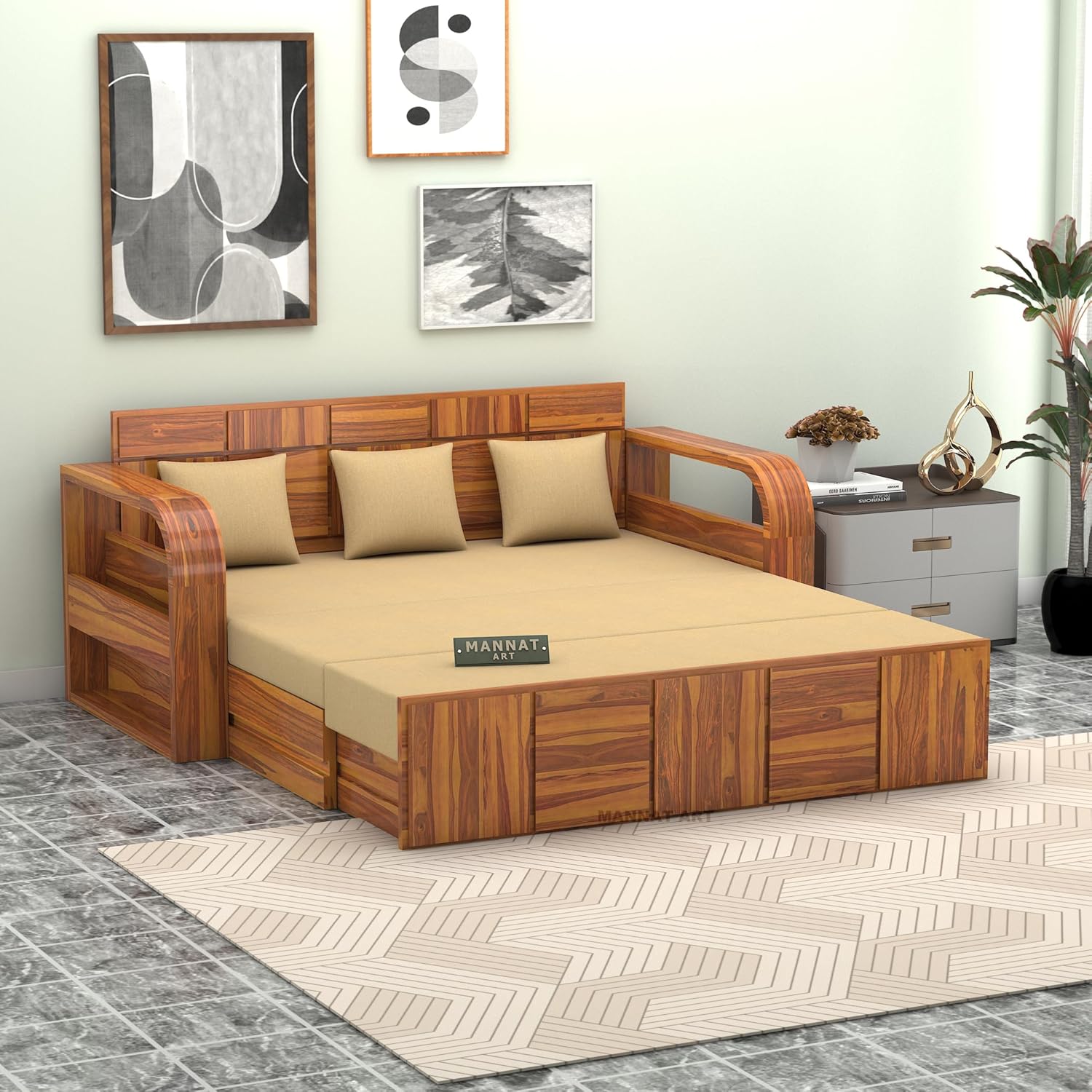 Sheesham Wooden Sofa Cum Bed for Living Room with Side Pocket Storage - 3 Seater Sofa Cum Bed with Storage - 3 Person Sofa Bed Wooden Furniture with Cushion Seating (Honey) - Image 2