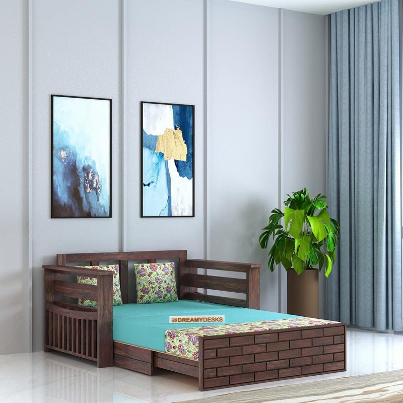 Sheesham Wooden Sofa Cum Bed for Living Room with Side Storage - 2 Seater Sofa Cum Bed with Storage - 2 Person Sofa Cum Bed Wooden with Cushion Seating (Walnut, 2 Seater) - Image 2