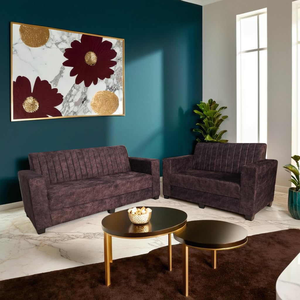 ShivajiSofa Velvet 3+2 Sofa Set for Living Room, Left or Right Aligned 5 Seater, Solid Sal Wood Leatherette Upholstered, Brown Color - Image 2