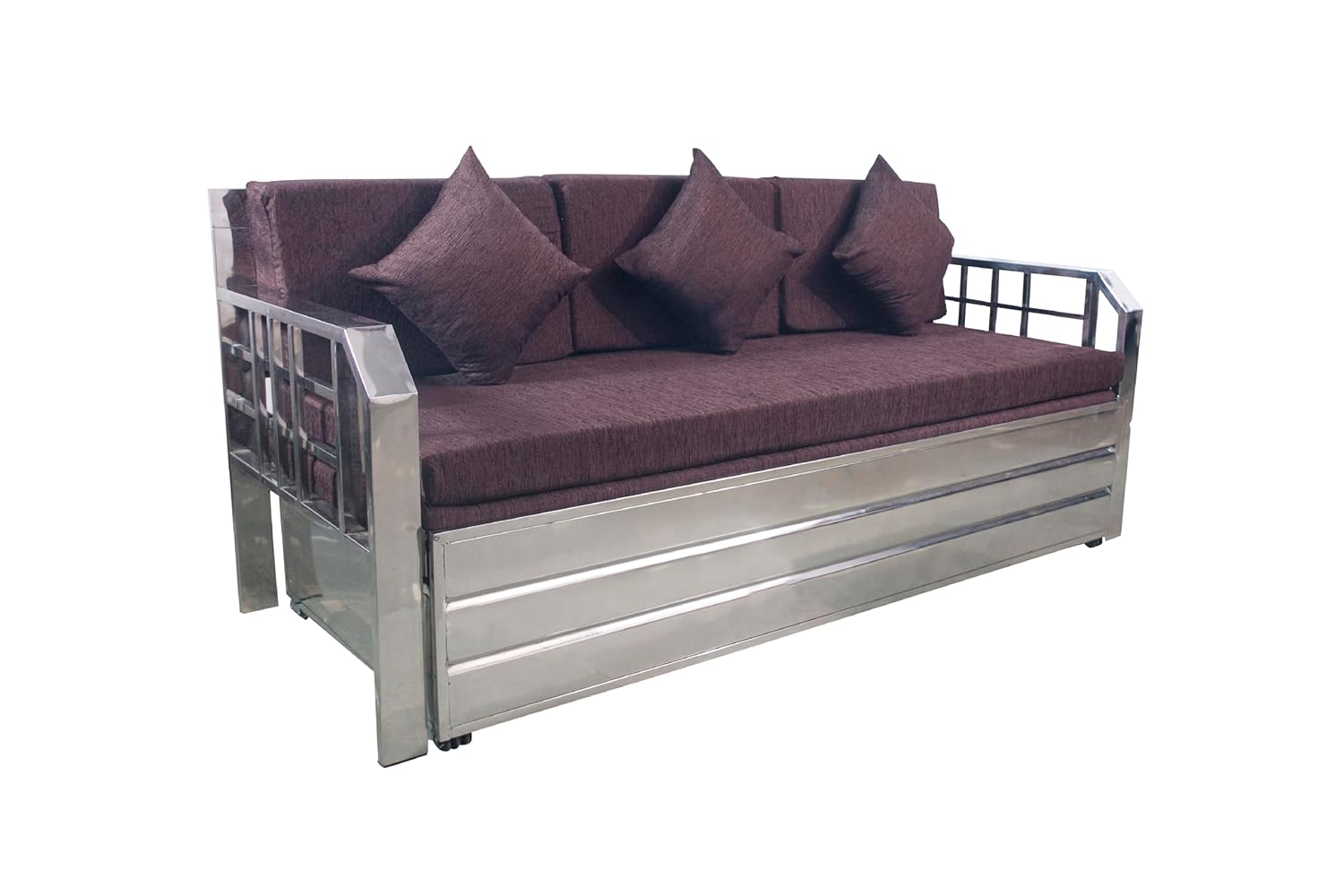 Shree ASHAPURA Steel Furniture Steel Sofa Cum Bed with Hydraulic Storage - Silver Color (Stainless Stee Finish) :Mattres Colour -Brown (Single (6 x 4)) - Image 2