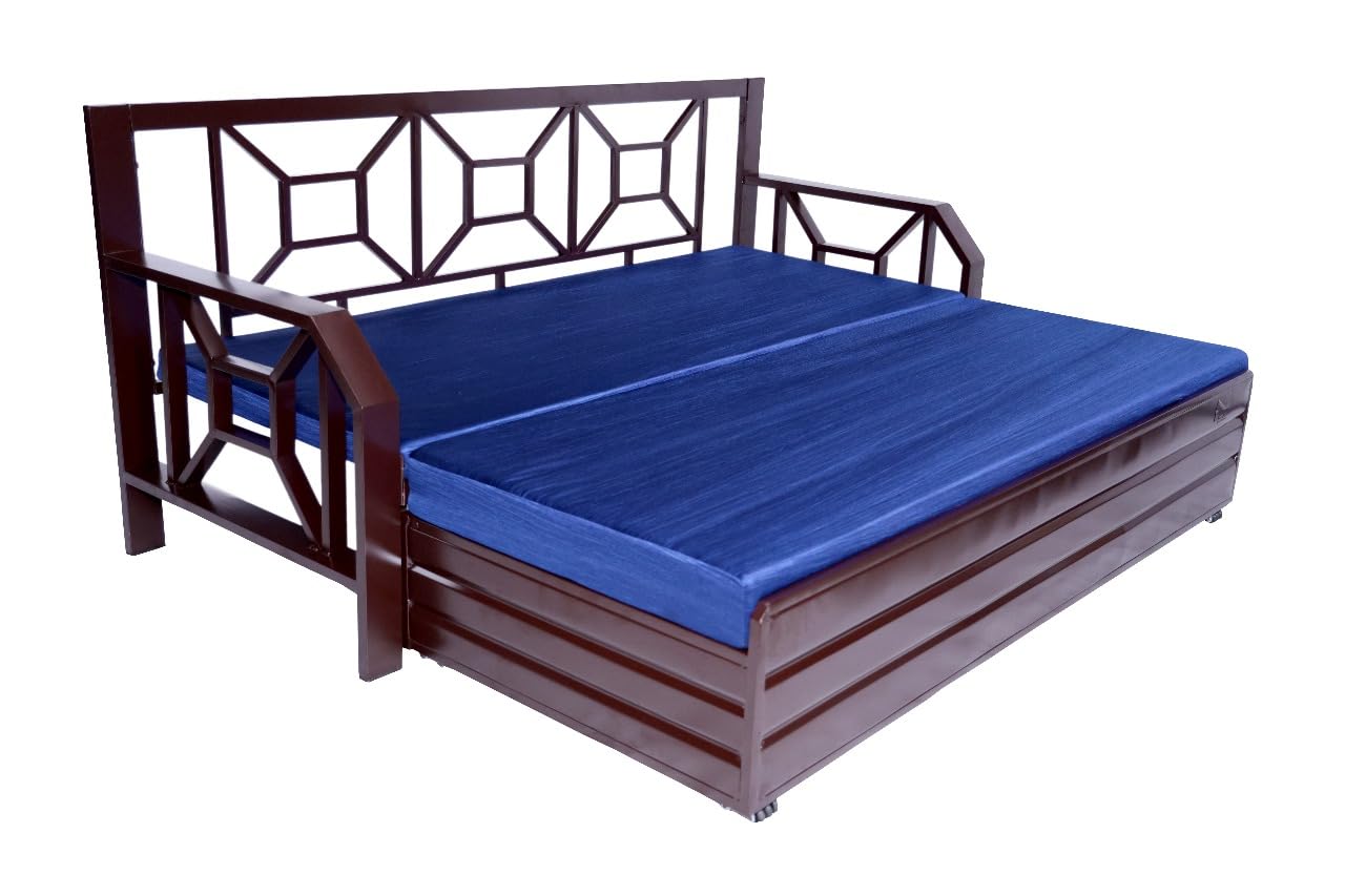 Single Size Metal Sofa Cum Bed | 3-Seater Pull-Out Convertible Sofa Bed with Blue Cushions & Pillows | Matte Brown Finish | Space-Saving & Durable (75x48 Inch) - Image 2