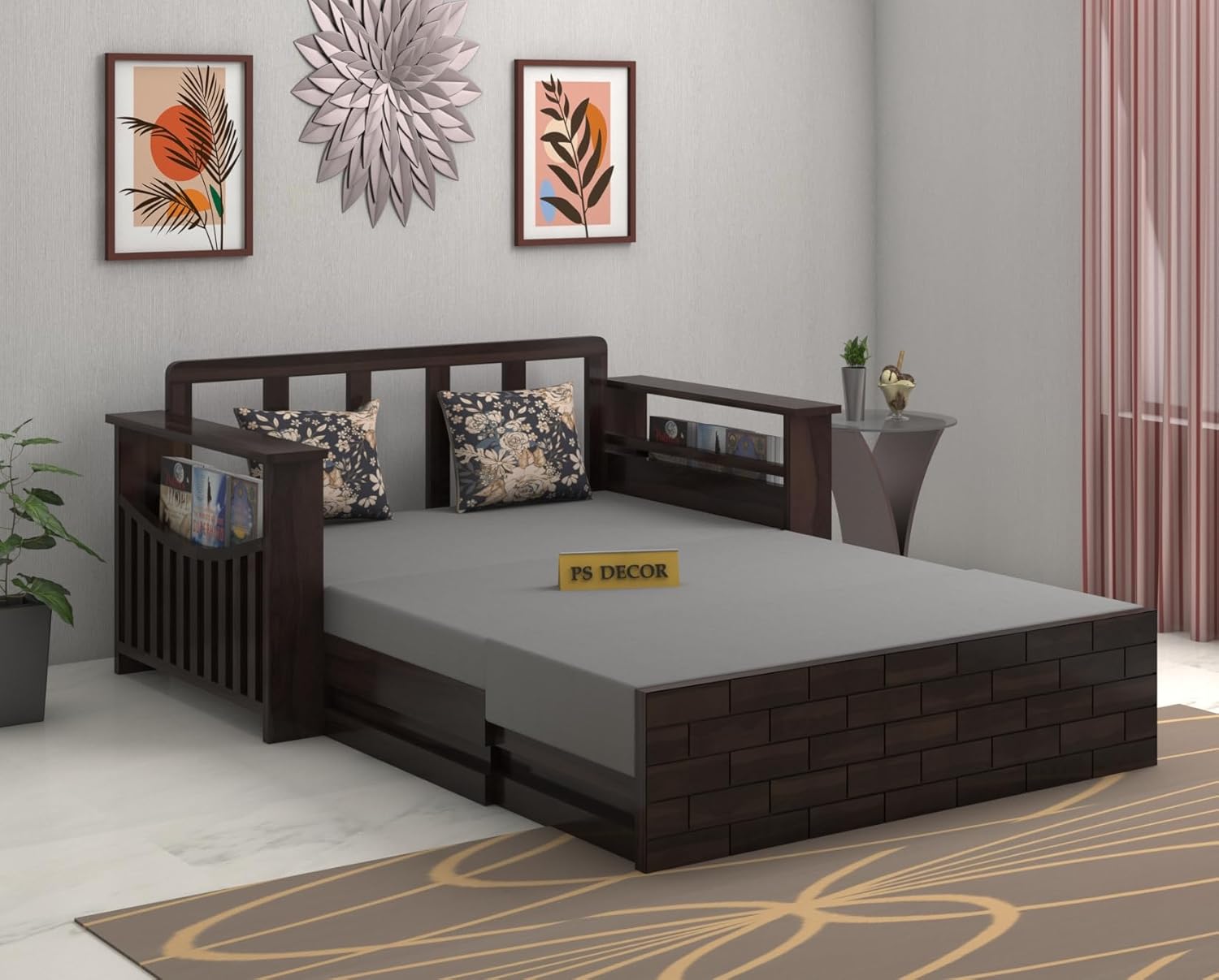 Solid Sheesham Wood 2 Seater Italian Sofa Cums Bed with Side Pockets for Living Room Multipurpose Decorative Wooden Furniture (Walnut Finish) - Image 2