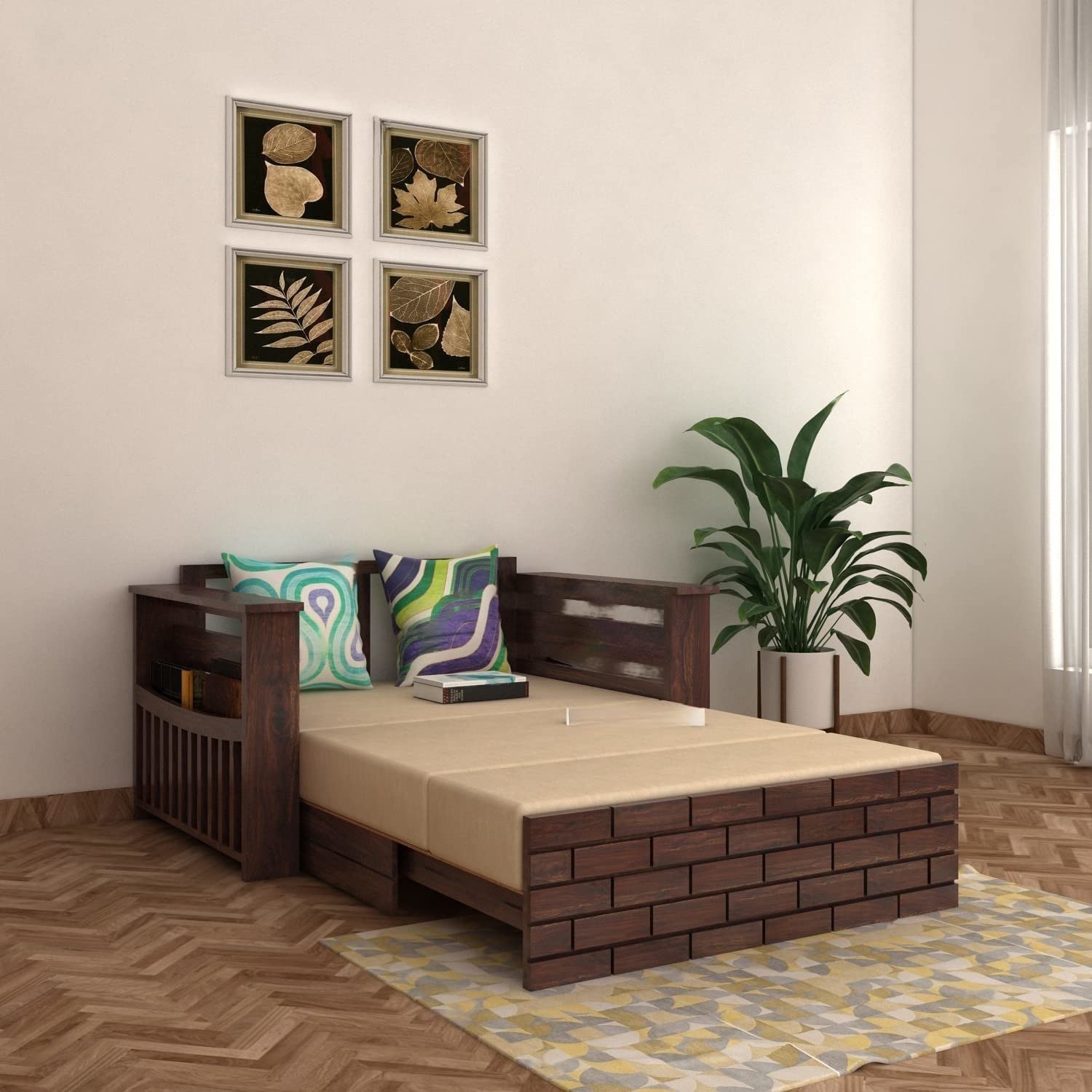 Solid Sheesham Wood 2 Seater Sofa Cum Bed for Living Room | Wooden Sofa Com Bed | Two Seater Sofa Cums Bed for Drawing Room | Rosewood, Walnut Finish - Image 2