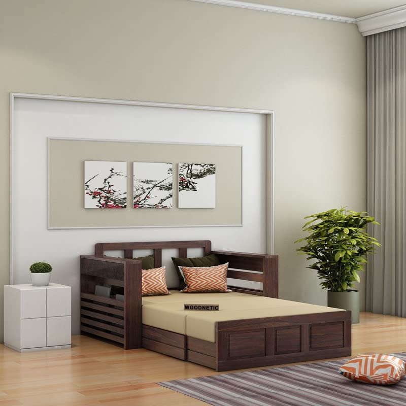 Solid Sheesham Wood 2 Seater Sofa Cum Bed with Side Pockets Multipurpose Decorative Furniture for Living Room Bedroom Home Office - Walnut Finish - Image 2