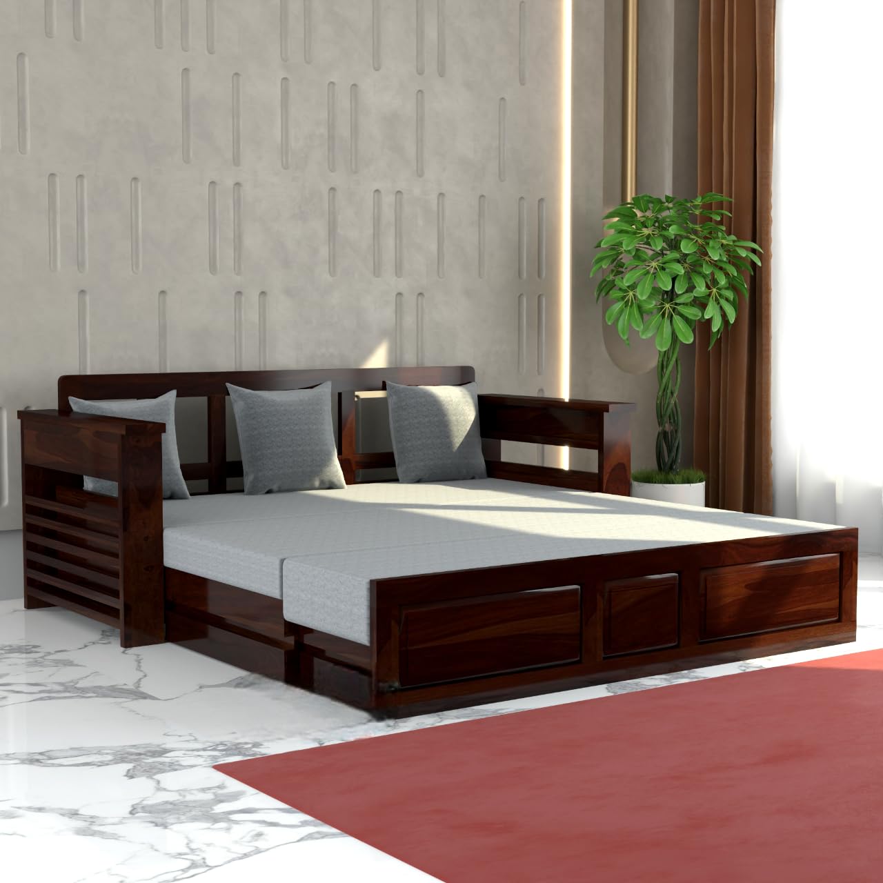 Solid Sheesham Wood 3 Seater Sofa Bed with Mattress | Sofa Cum Bed | Sofas & Couches for Living Room | Bedroom | Hotel (Finish Color - Walnut, DIY) Without Pillow - Image 2