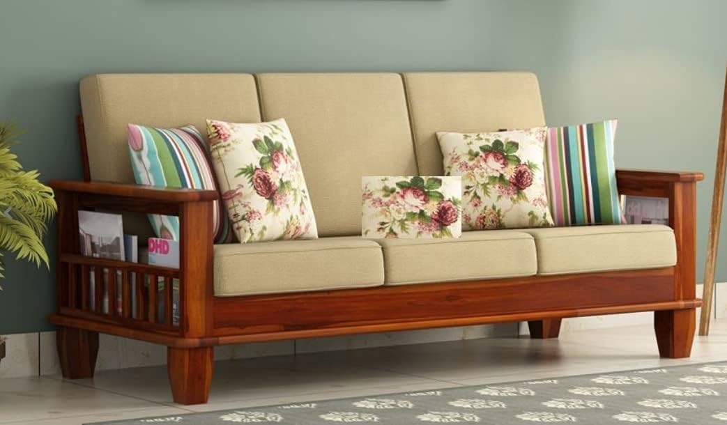 Solid Sheesham Wood Sofas | 3 Seater Sofa| with Cushion for Living Room & Office & Hotel|Color-Honey Finish3s - Image 2