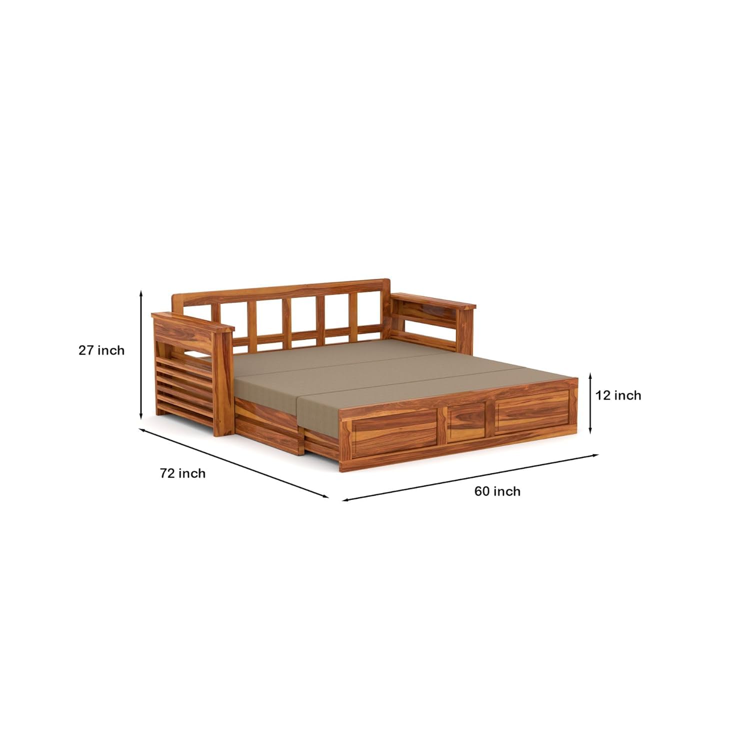 Solid Sheesham Wooden King Size Sofa Cums Bed with Mattress for Living Room | Rosewood 4 Seater Sofa Cums Bed for Bedroom Without Pillow (Natural,Corsin, 3 Seater) - Image 2