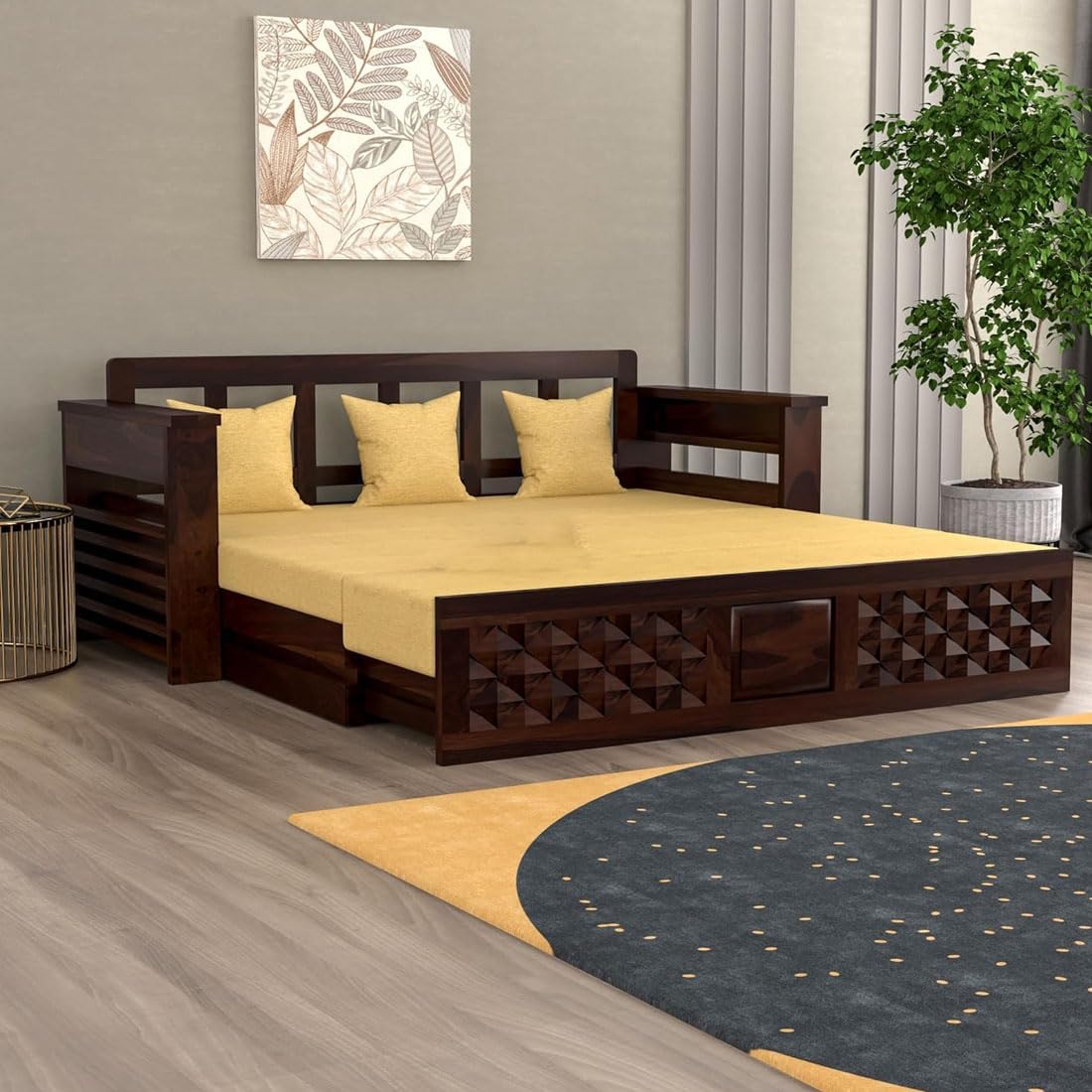 Solid Sheesham Wooden Sofa Cums Bed with Mattress for Living Room | Rosewood 3 Seater Sofa Cums Bed for Bedroom Without Pillow (Walnut,Florex, 3 Seater) - Image 2