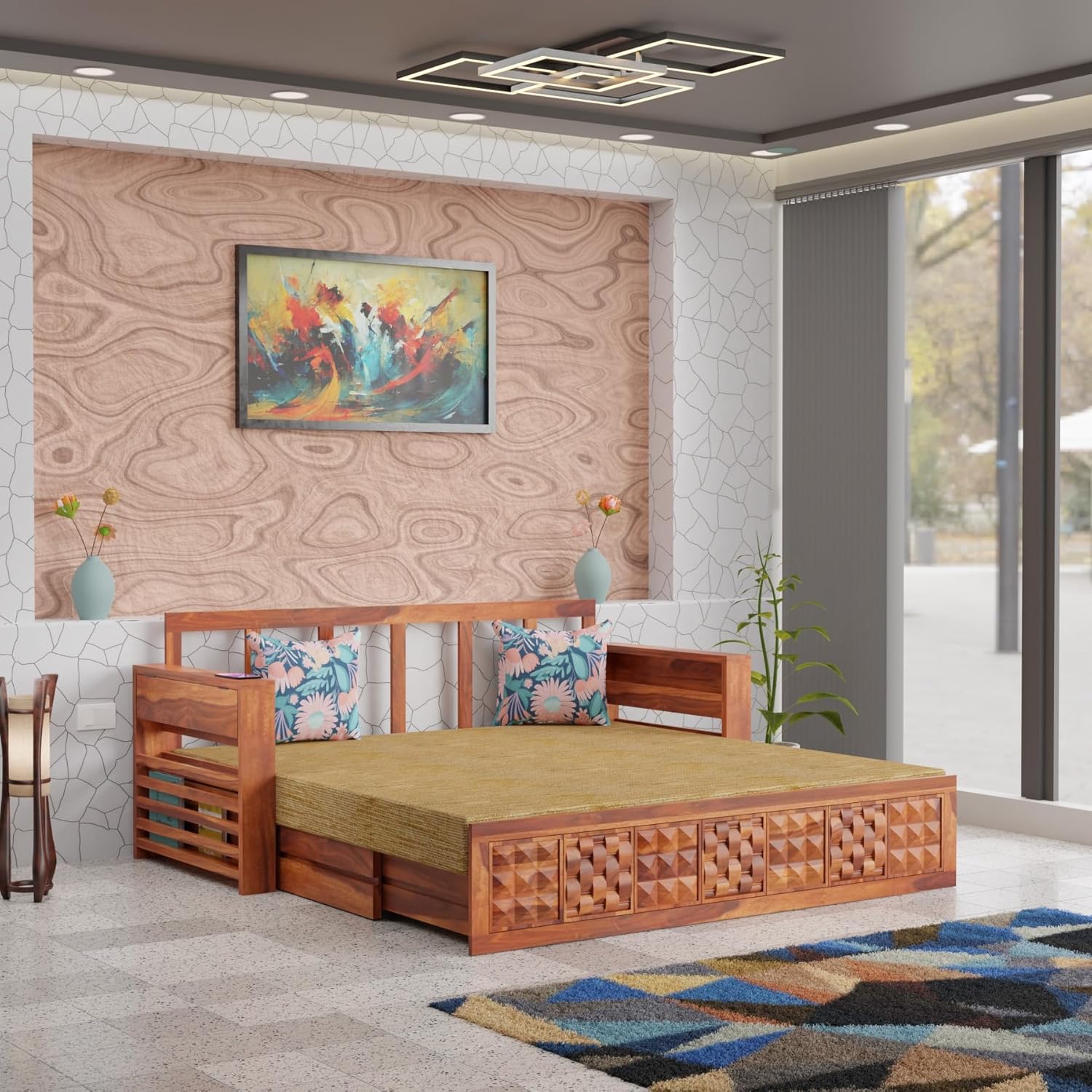 Solid Sheesham Wooden Sofa Cums Bed with Mattresses for Living Room|Rosewood 3-Person Sofa Cums Bed for Bedroom Without Pillow (C-Natural, 3 Seater) - Image 2