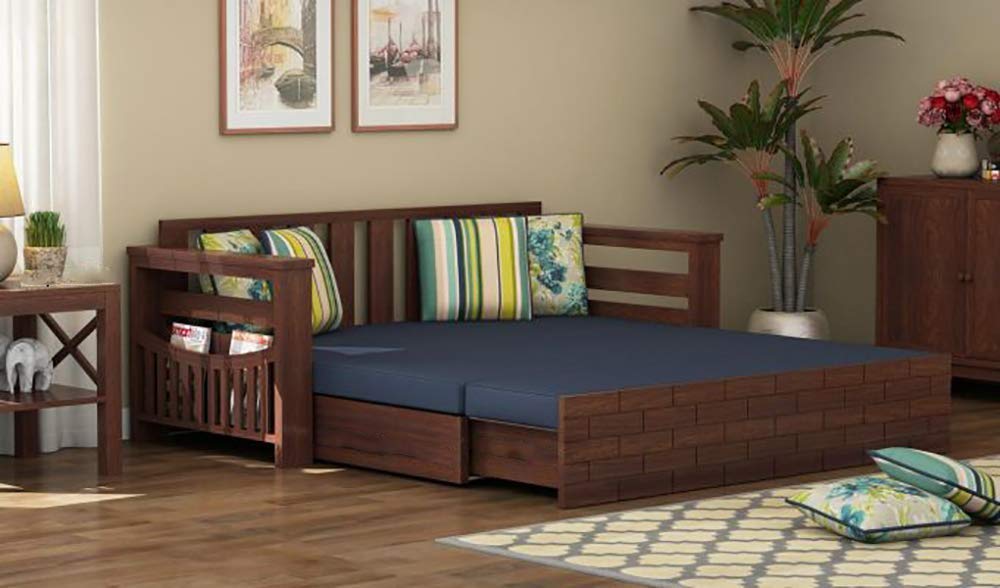 Solid Teak Wood Sofa Cum Bed for Home | Sofa Cums Bed for Living Room Wooden | Without Pillow | Sofa Cum Bed Foldable with Storage | Sofa Cums Bed 3 Seater | Walnut Finish - Image 2