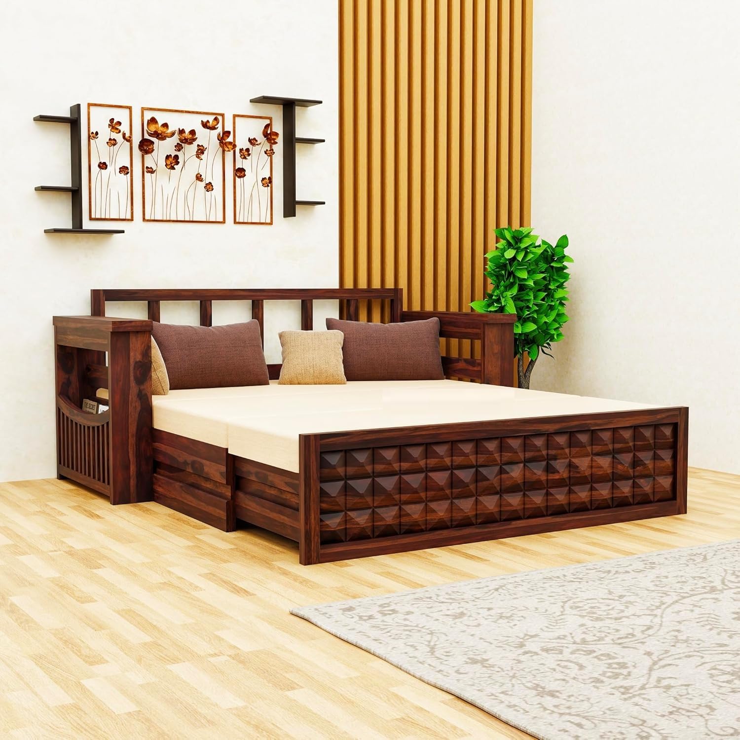 Solid Wood 3 Seater Sofa Cuma Bed with Storage and Side Pockets for Bedroom | Wooden Sofa Cuma Bed for Living Room Furniture Sleep & Sit Sofa for Home (Walnut Finish) - Image 2