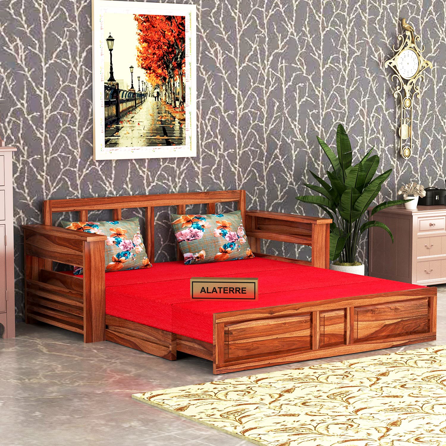Solid Wood Sofa Cum Bed for Home | Sofa Cums Bed for Living Room Wooden | Without Pillow | Sofa Cum Bed Foldable with Storage | Sofa Cums Bed 3 Seater | 3 Seater Honey Finish - Image 2