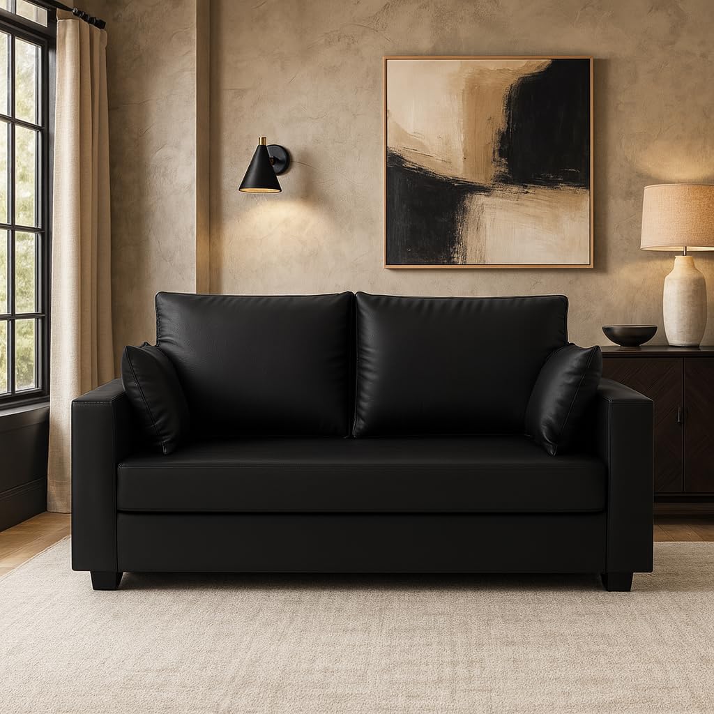 Sorvik 2 Seater Sofa Set | Premium Leatherette Upholstery | Modern Design | Plush Comfort Cushions for Living Room (Black) - Image 2