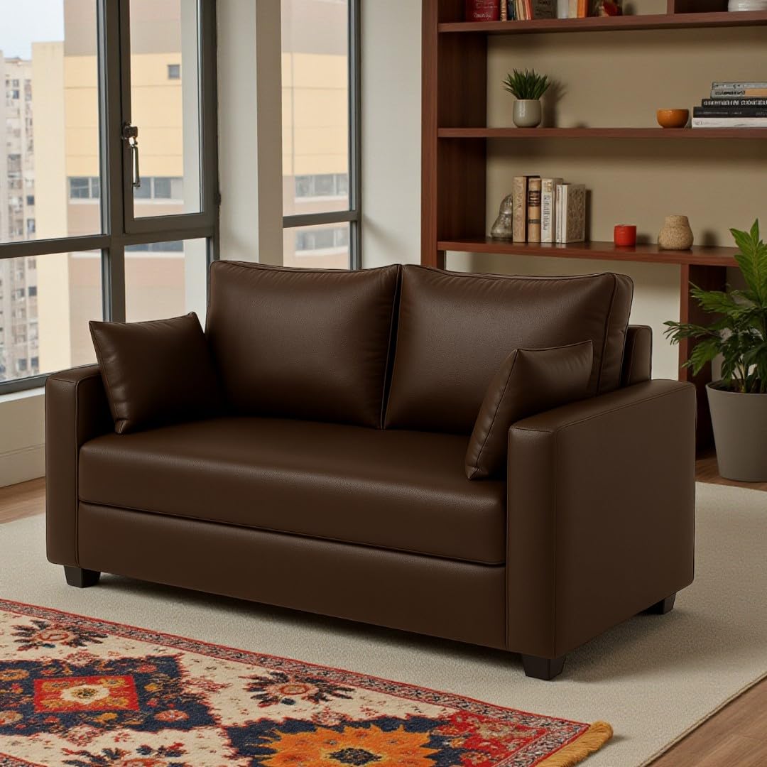 Sorvik 2 Seater Sofa Set | Premium Leatherette Upholstery | Modern Design | Plush Comfort Cushions for Living Room (Brown) - Image 2